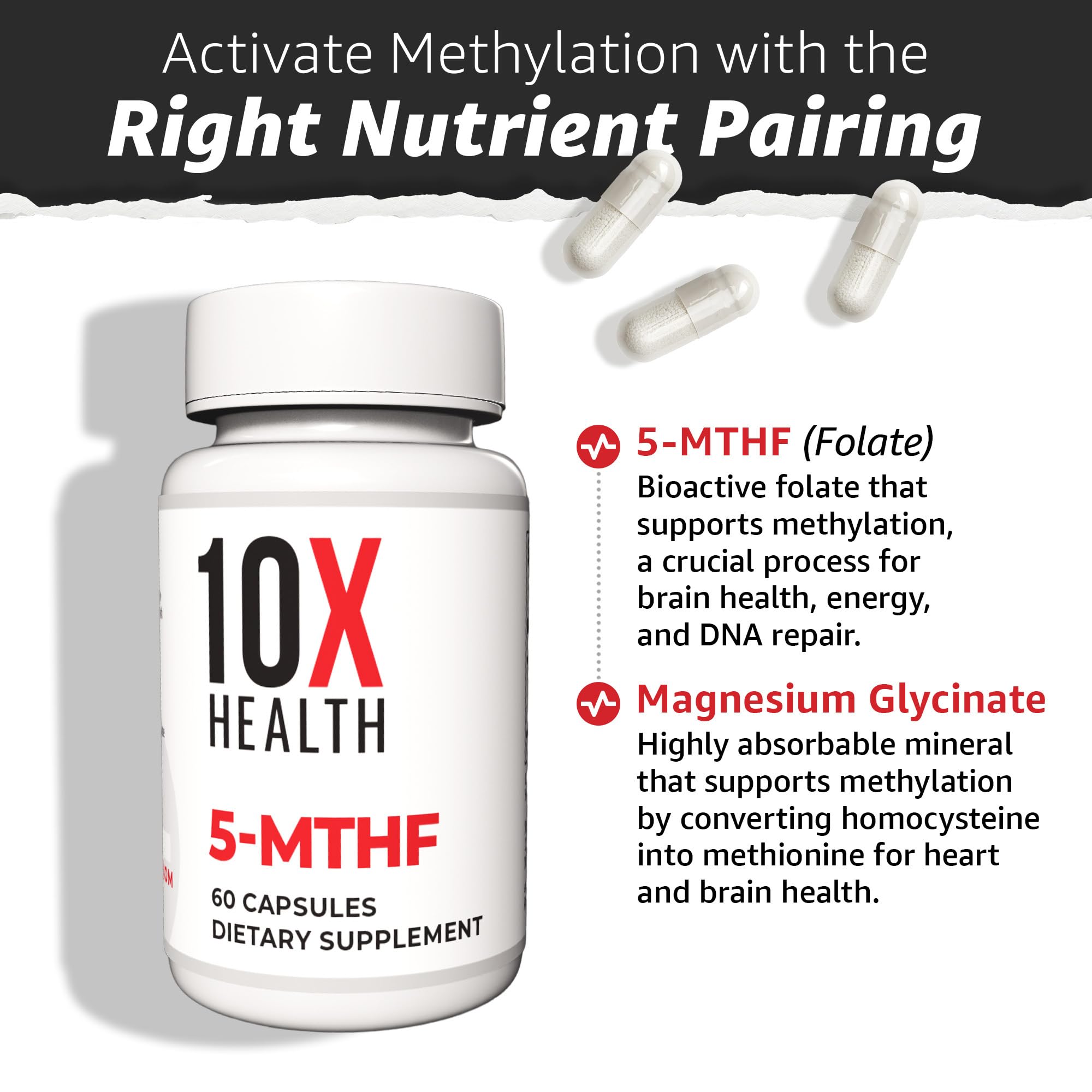 10X Health System étiquette 5-MTHF: informations claires et dosage accessible.