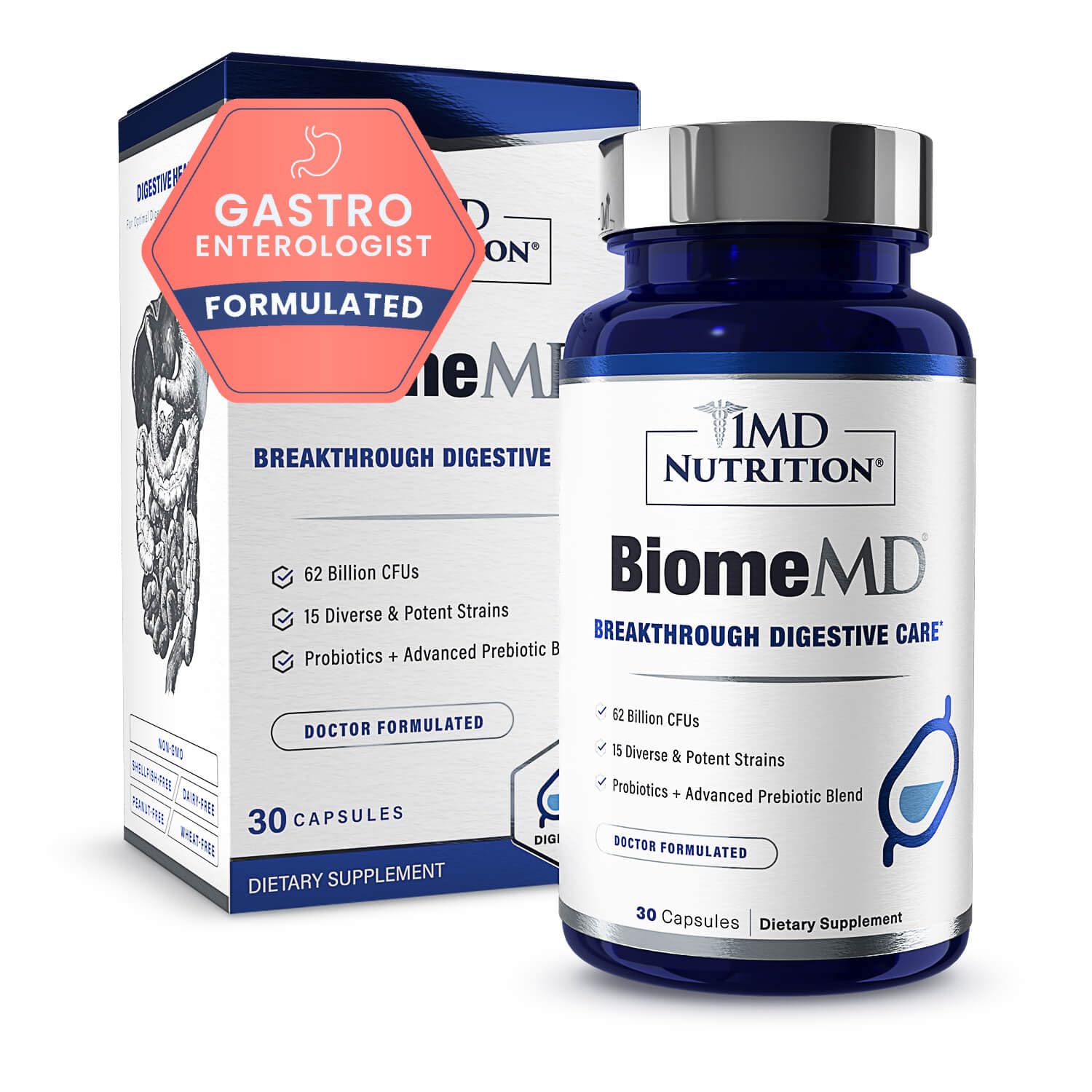 BiomeMD Probiotics : bouteille visible, soutien digestif potentiel après le repas.