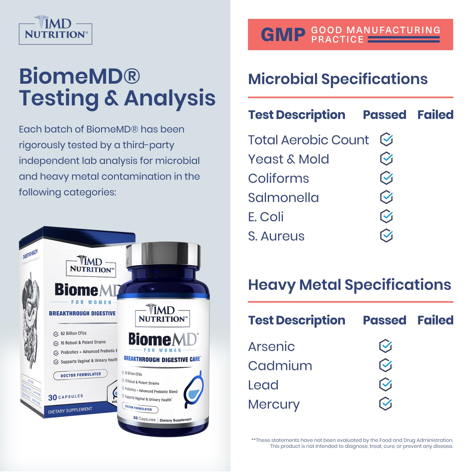 BiomeMD Probiotics : étiquette claire indiquant la posologie recommandée.