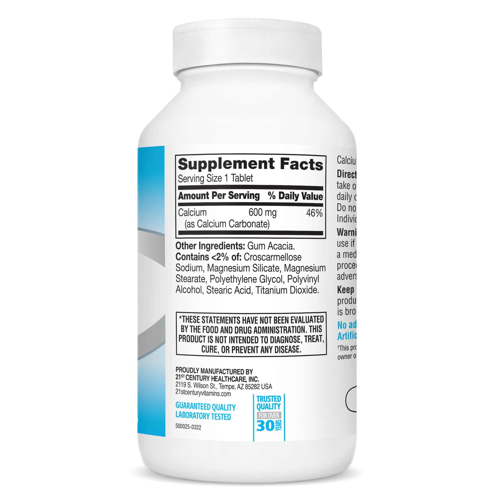 21st Century calcium – comprimés faciles à prendre, dose stable 600 mg.
