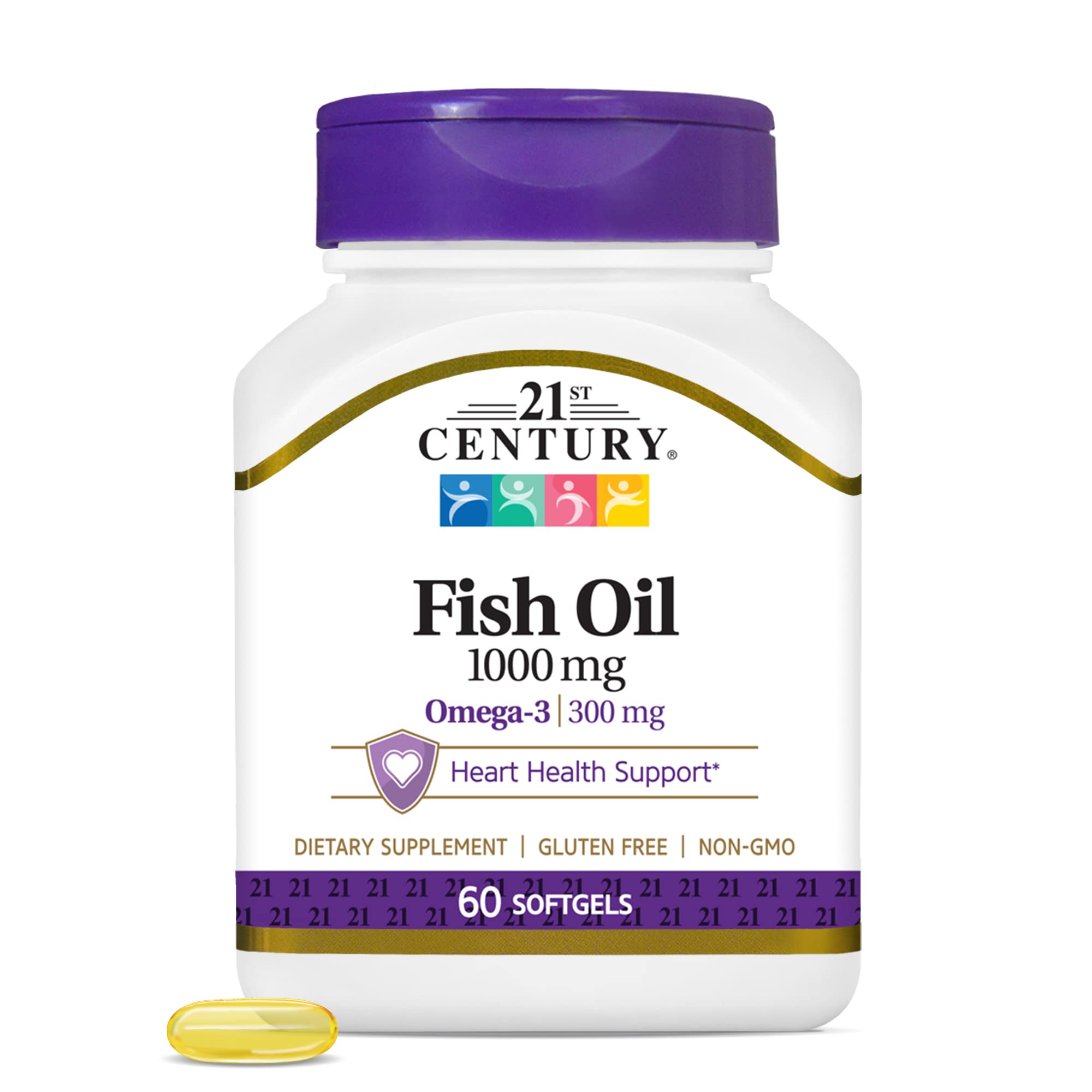 21st Century huile poisson 1000 mg, capsules près de la bouteille, soutien potentiel du cœur