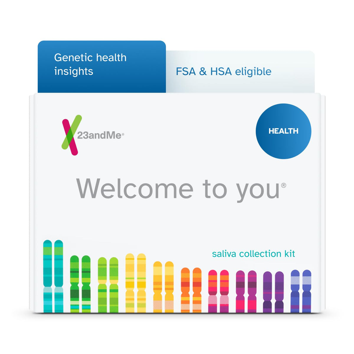 Kit salivaire 23andMe pour prélèvement à domicile sans douleur.