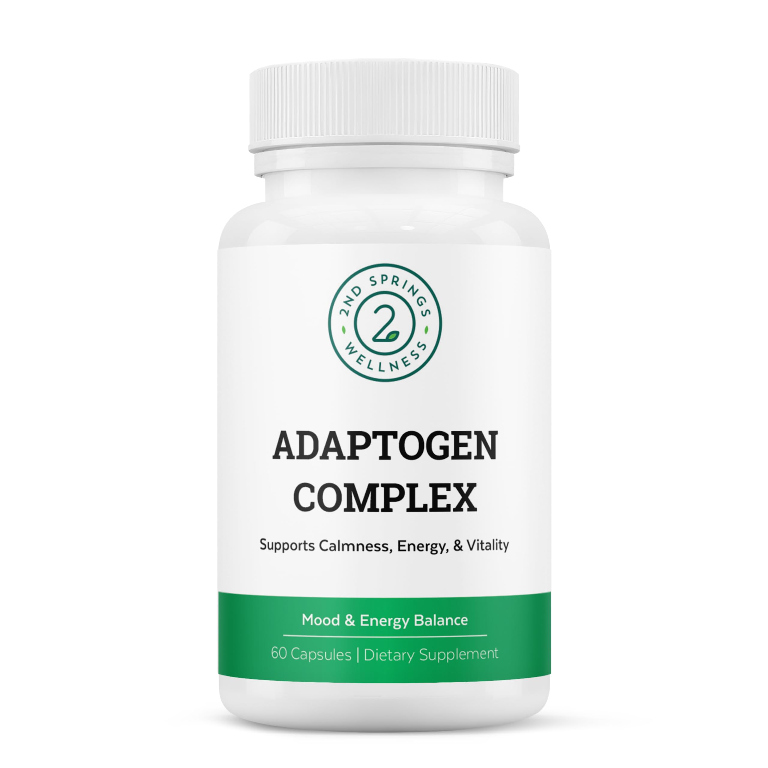 2nd Springs Adaptogen Complex – bouteille sur bureau, énergie calme et durable.