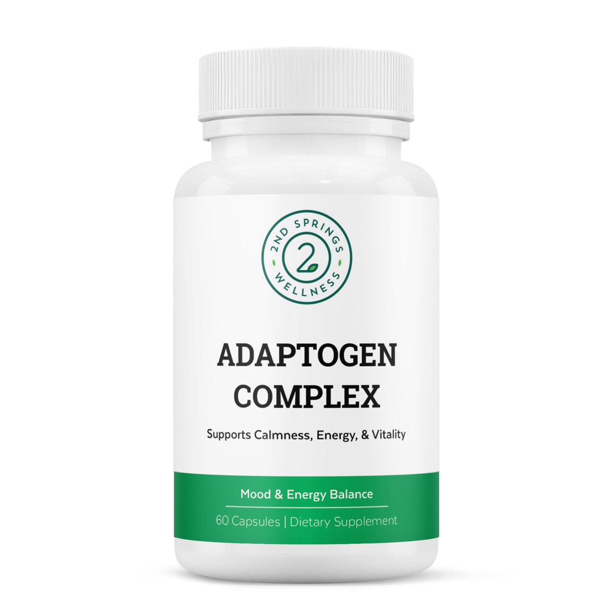 2nd Springs Adaptogen Complex – bouteille sur bureau, énergie calme et durable.