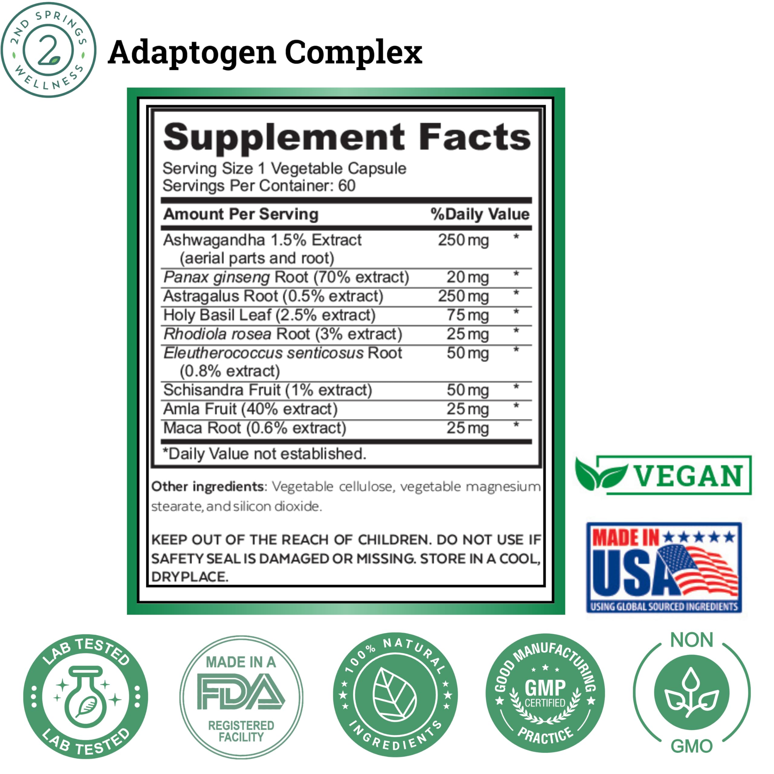 2nd Springs Adaptogen Complex – étiquette lisible présentant les ingrédients naturels.