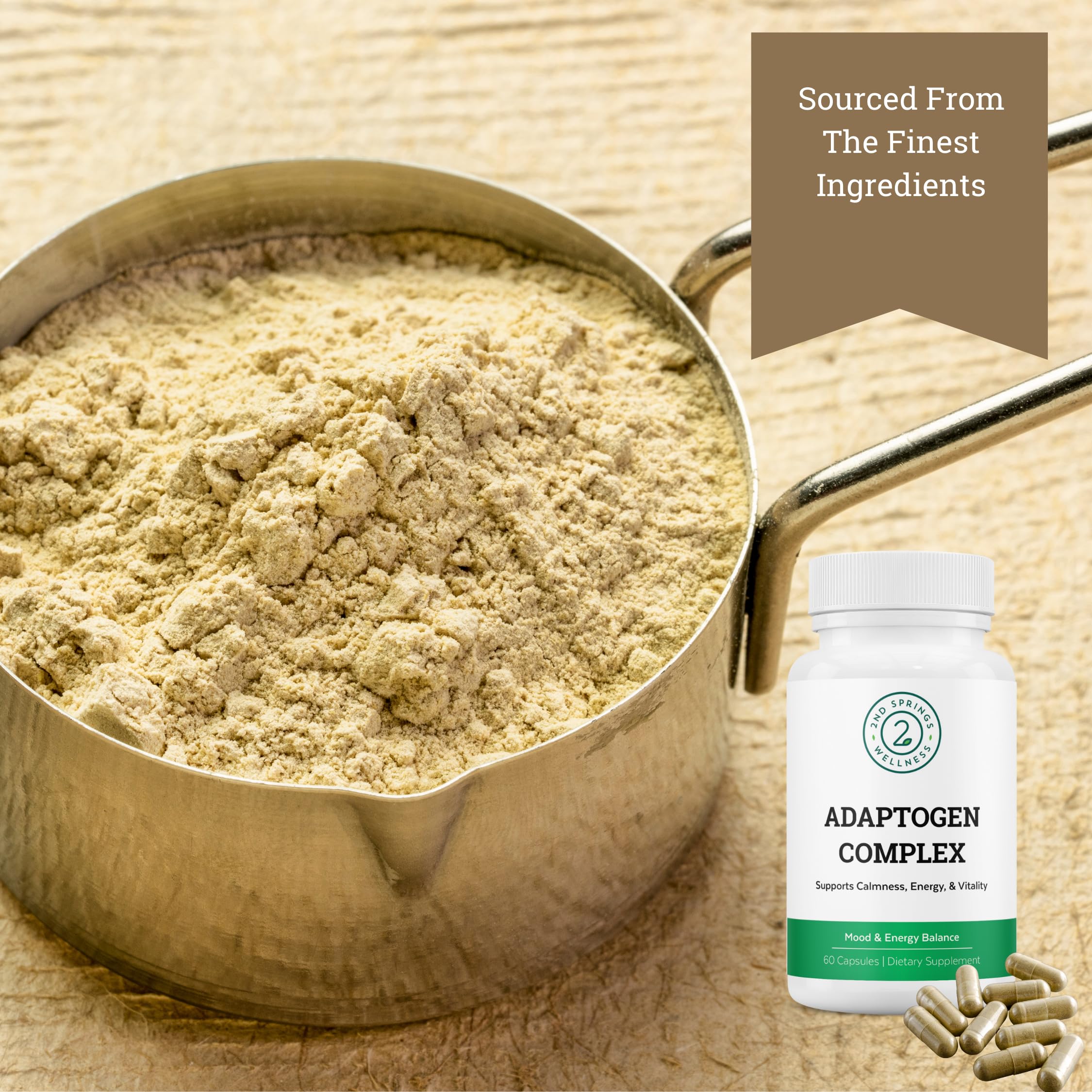 2nd Springs Adaptogen Complex – emballage éco et mode de vie vegan.