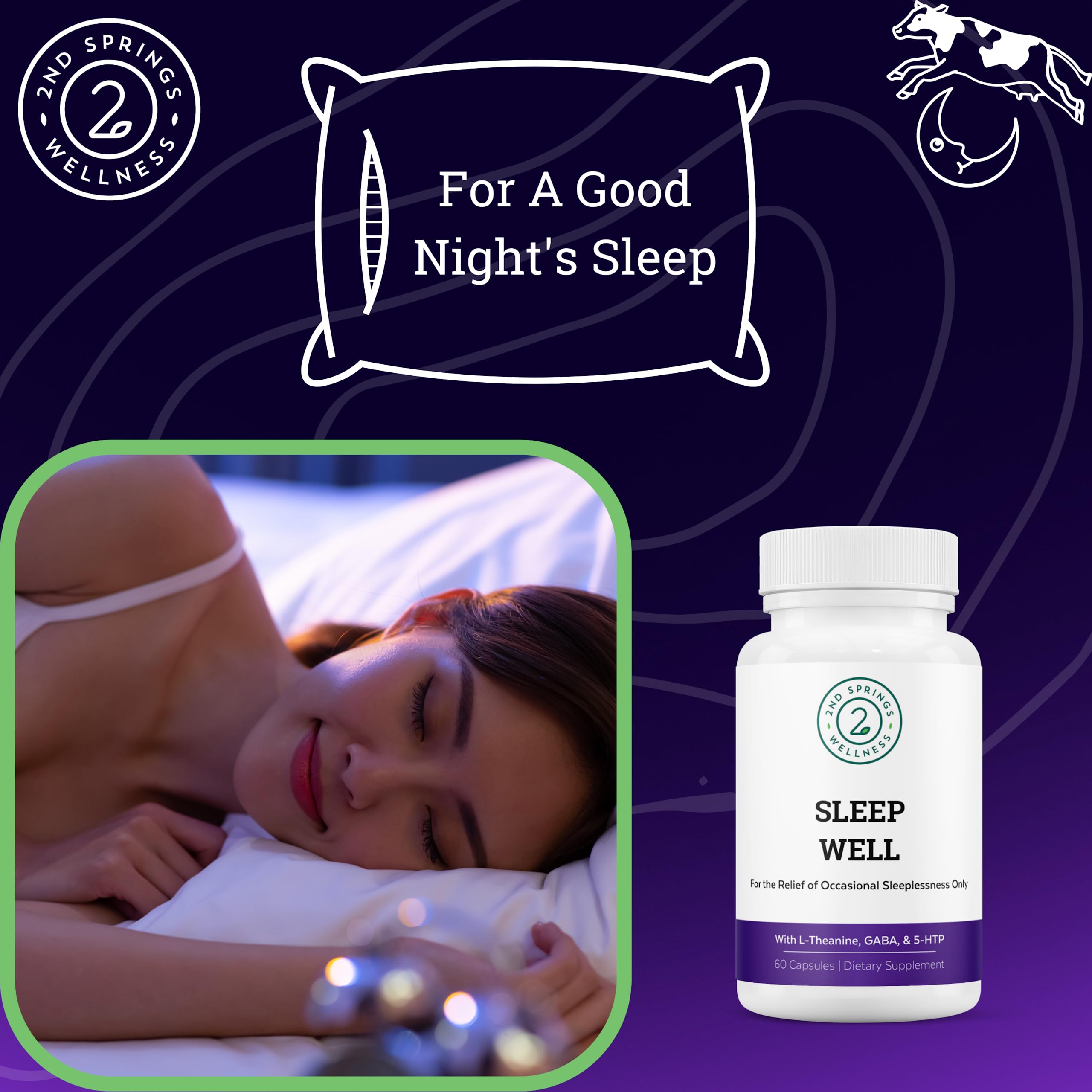 Sleep Well capsules visibles mettant en avant magnésium, L-théanine et GABA pour relaxation.
