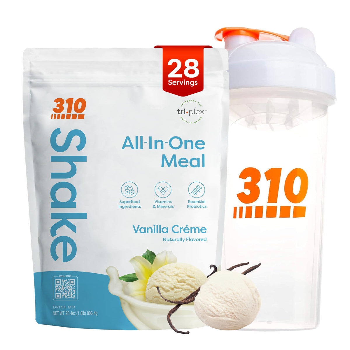 Shake Vanille Crème 310 Nutrition avec shaker inclus, pratique pour petit-déjeuner rapide et équilibré.