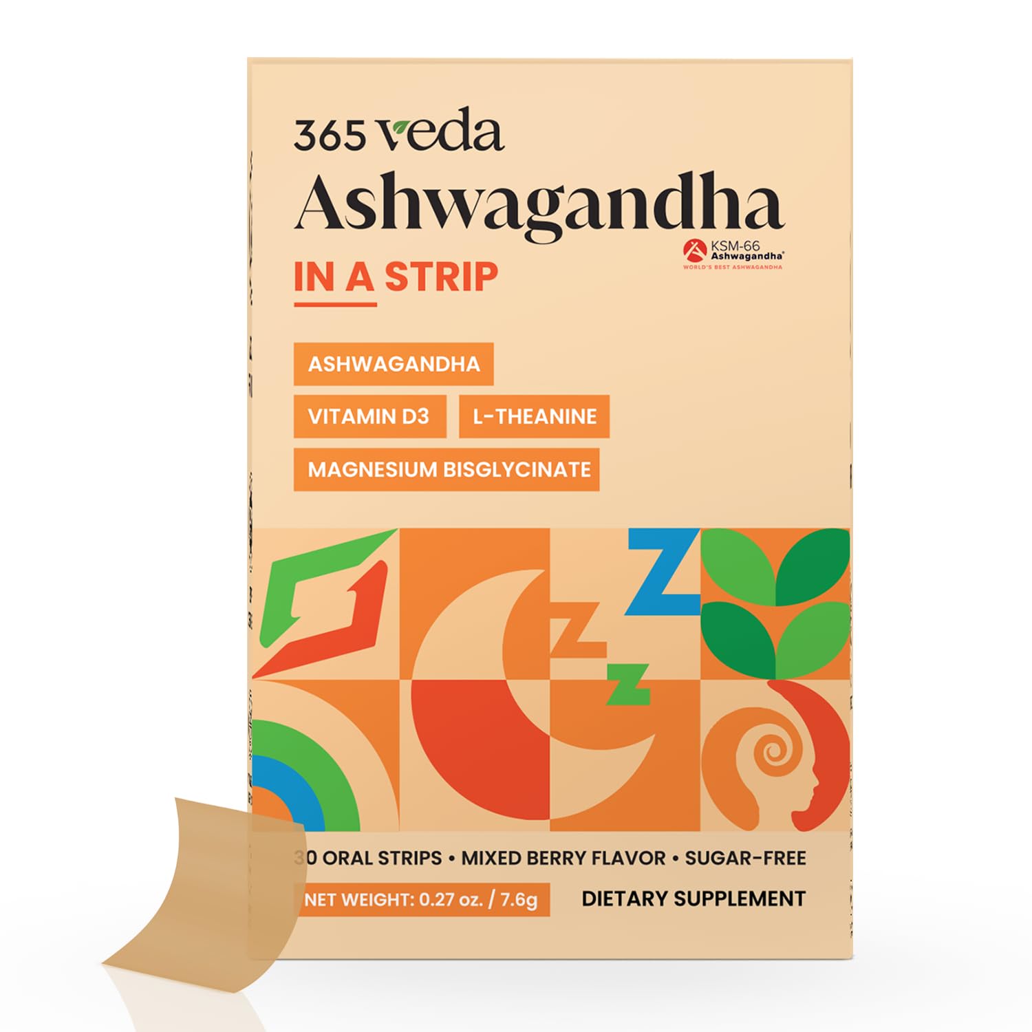 Les strips Ashwagandha 365veda au goût framboise et emballage élégant.
