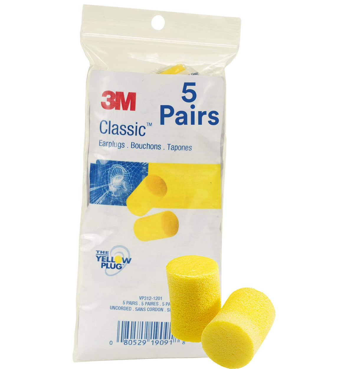 Les bouchons d’oreilles 3M Classic VP312-1201 dans leur emballage poly propre et prêt à l'emploi.