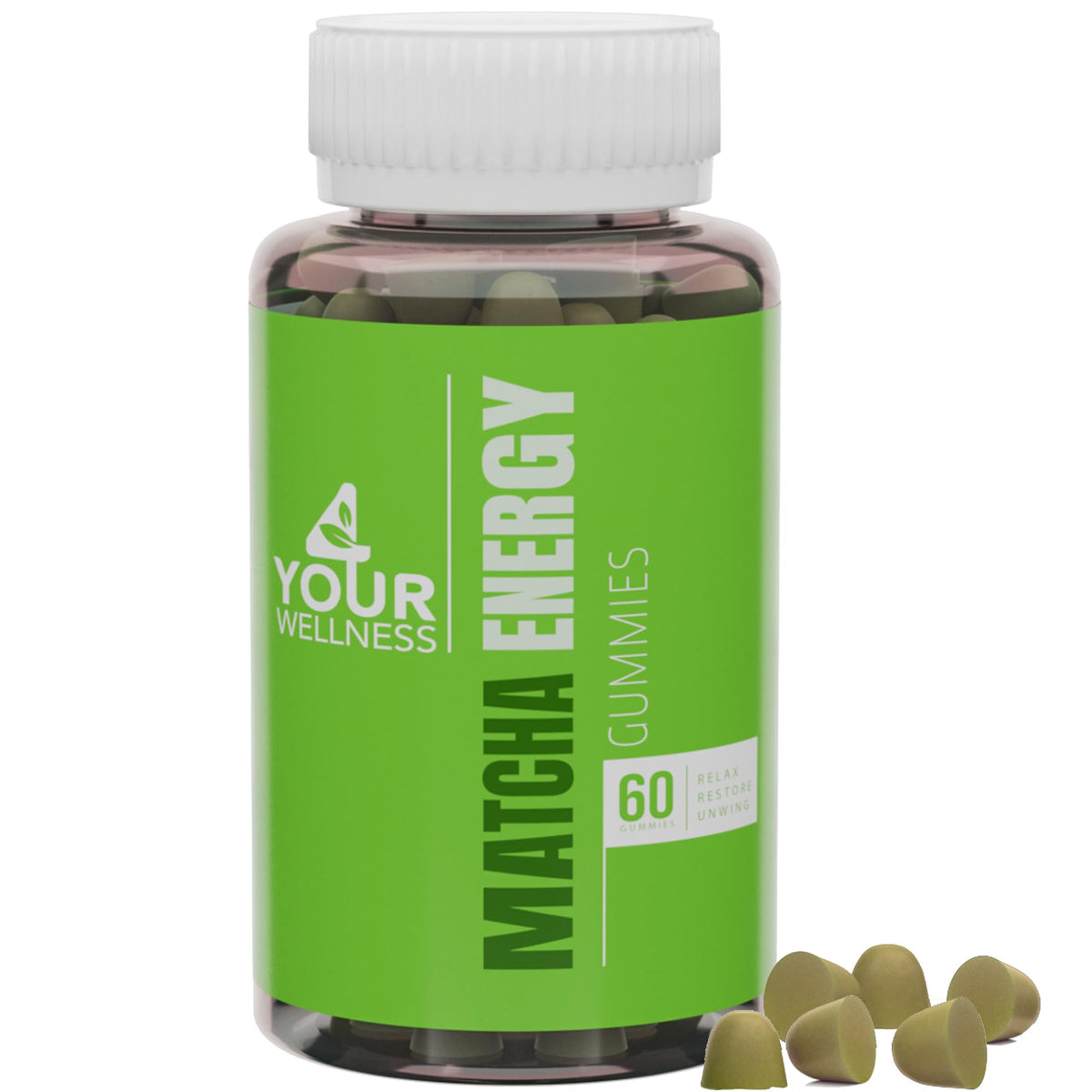 Gommes Matcha énergie 4 Your Wellness dans la bouteille pratique pour l'énergie quotidienne.