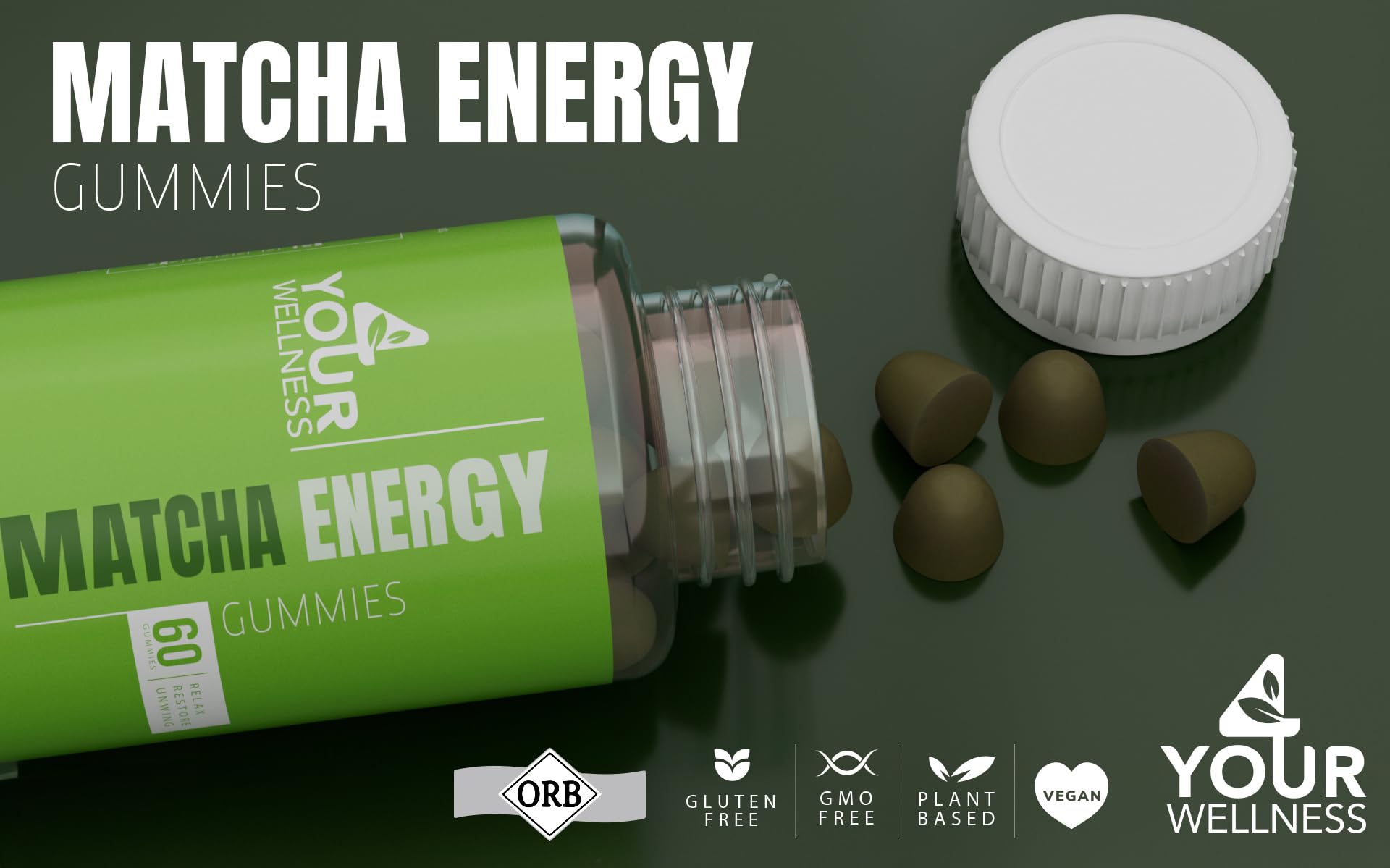Gommes Matcha sans gluten 4 Your Wellness fabriquées aux Etats-Unis.