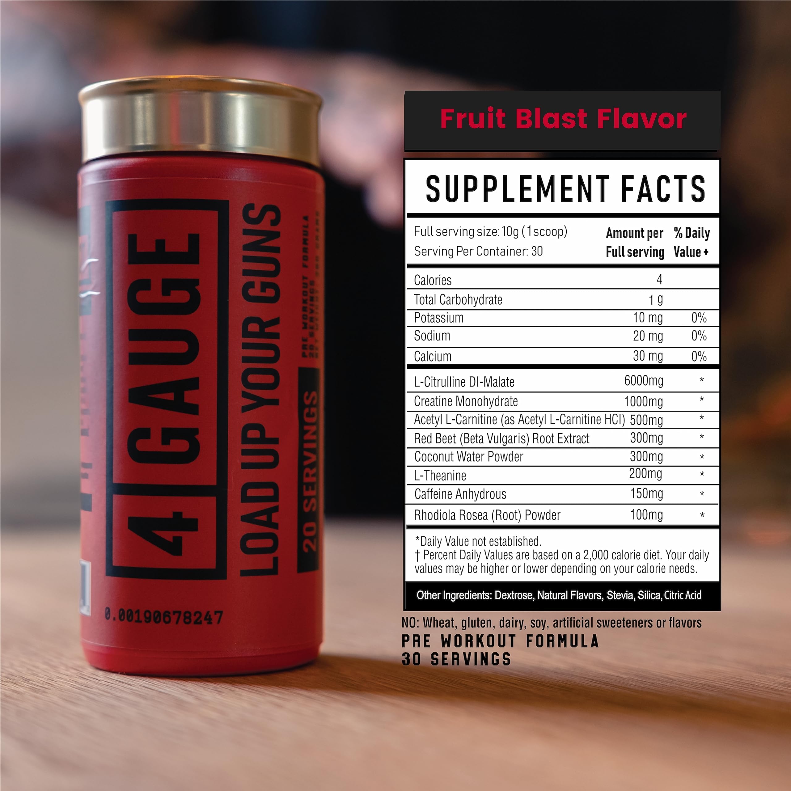 Étiquette détaillée 4 Gauge Fruit Blast avec ingrédients.