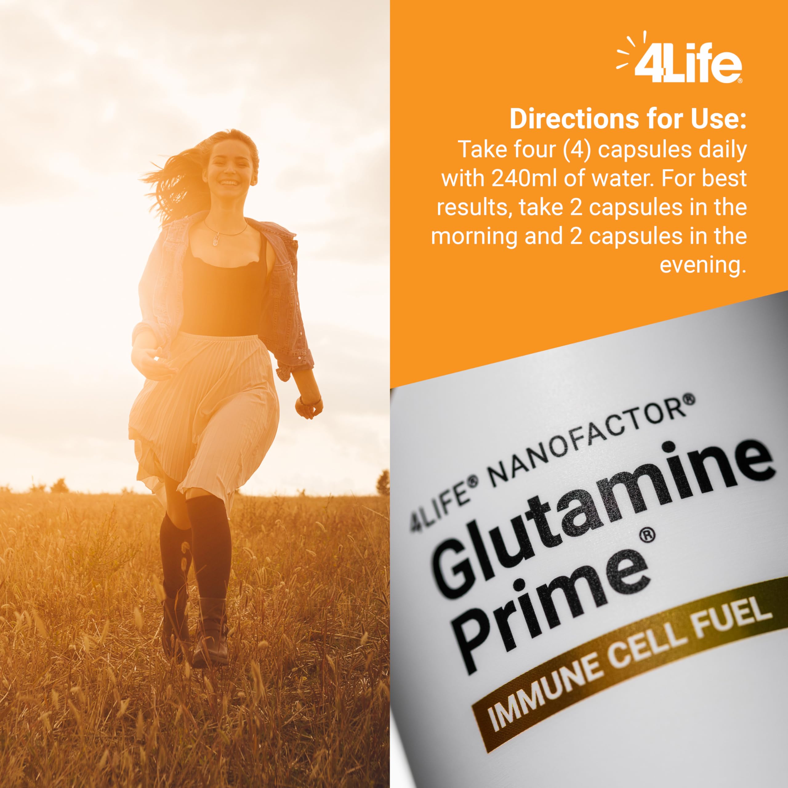 Boîte-emballage 4Life Glutamine Prime, design clair et pratique.
