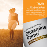 Boîte-emballage 4Life Glutamine Prime, design clair et pratique.