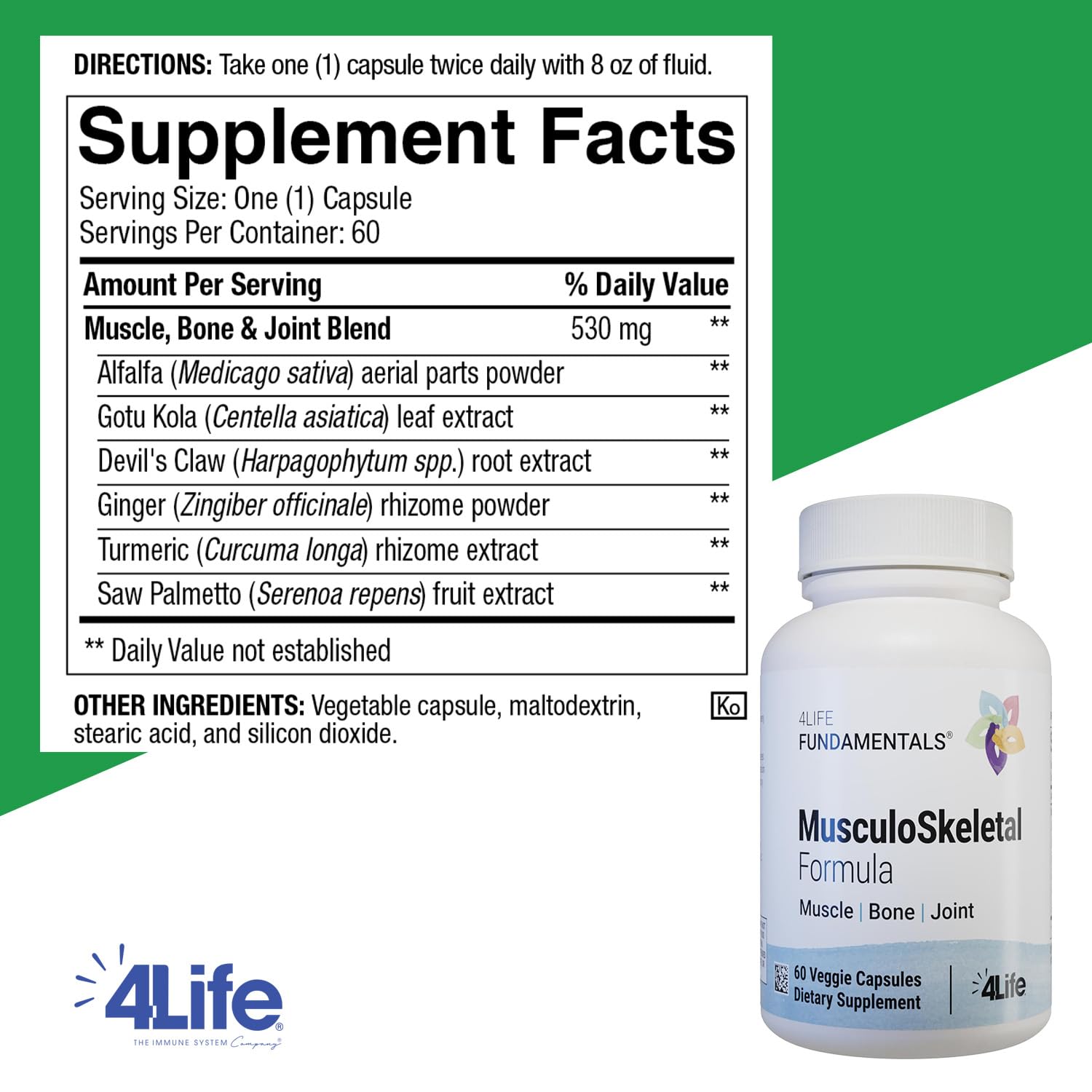 Capsules végétales 4Life Musculoskeletal Formula utilisées au quotidien pour le maintien de la mobilité.