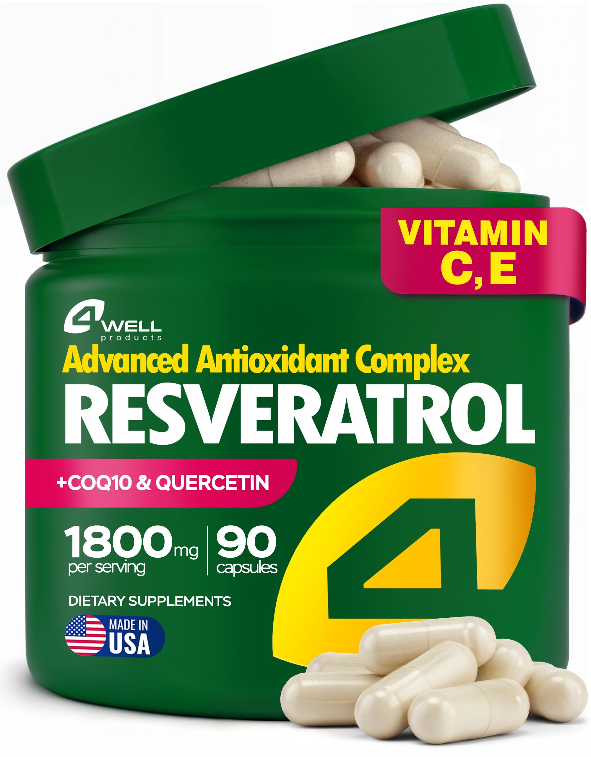 4Well Resveratrol - bouteille gélules 1800mg prête pour l’usage quotidien.