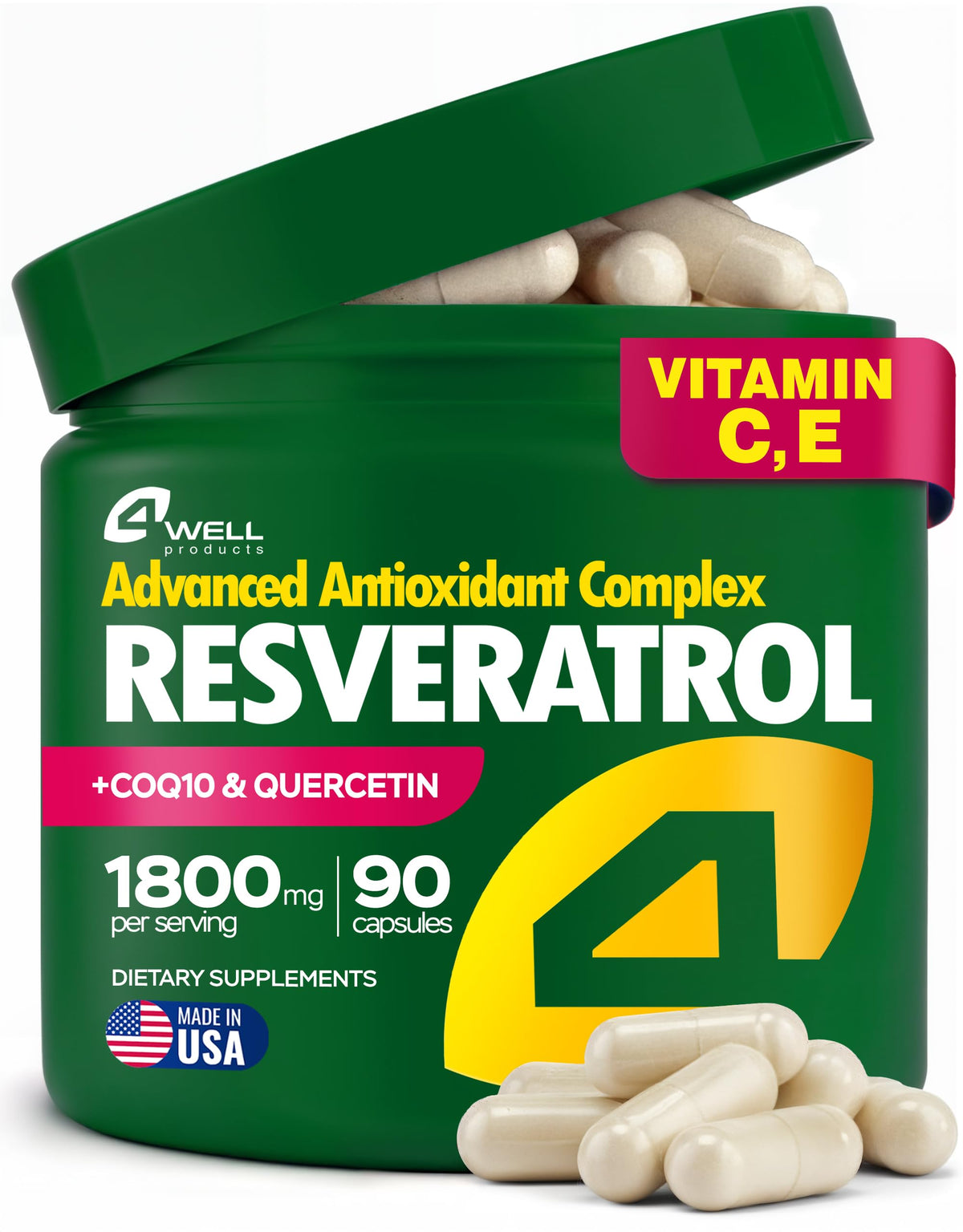 4Well Resveratrol - bouteille gélules 1800mg prête pour l’usage quotidien.