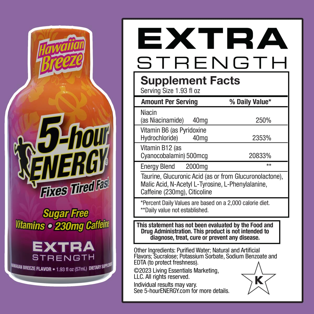 Étiquette 5-hour ENERGY Extra Strength Hawaiian Breeze affichant saveur et ingrédients.
