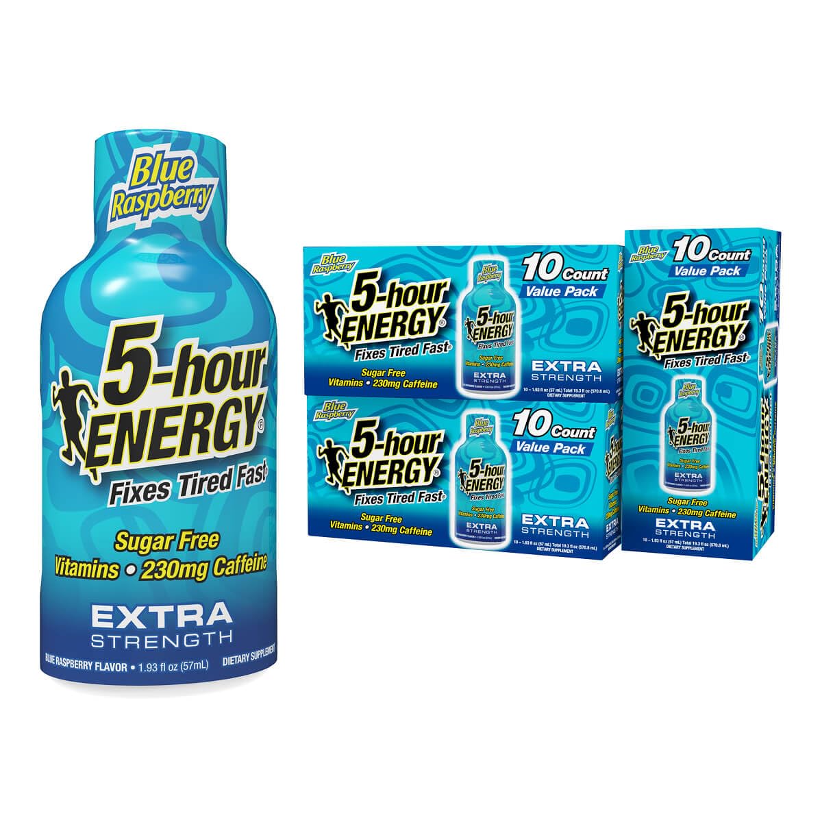 Le flacon 5-hour ENERGY shot bleu framboise offre une énergie rapide pour démarrer la journée.