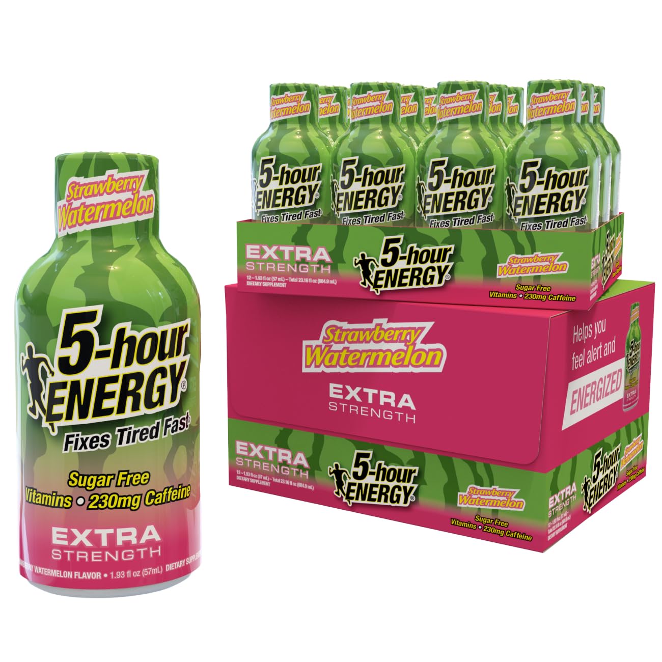 Shot 5-hour ENERGY fraise-pasteque dans un flacon compact, énergie rapide sans sucre.
