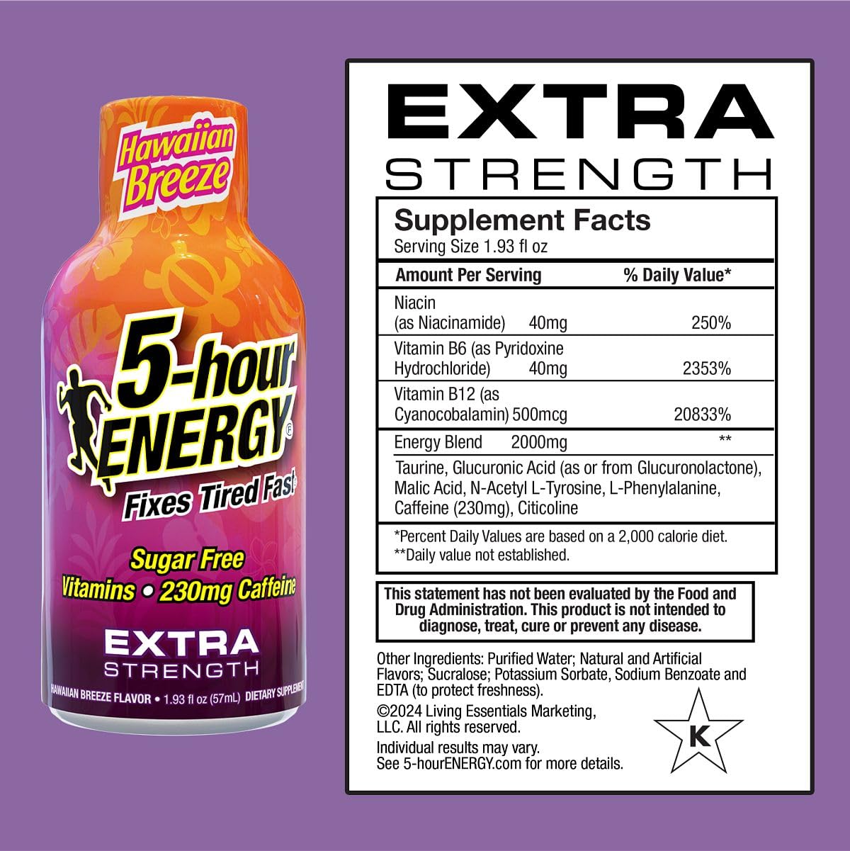 Étiquette 5-hour ENERGY Hawaiian Breeze, arôme tropical pour boost rapide.