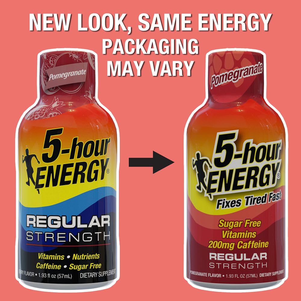 5-hour ENERGY Regular étiquette grenade – saveur grenade et informations claires.