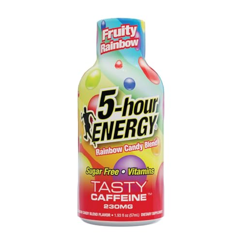 Bouteille 5-hour ENERGY Shot saveur fruitée arc-en-ciel, énergie rapide sans sucre.