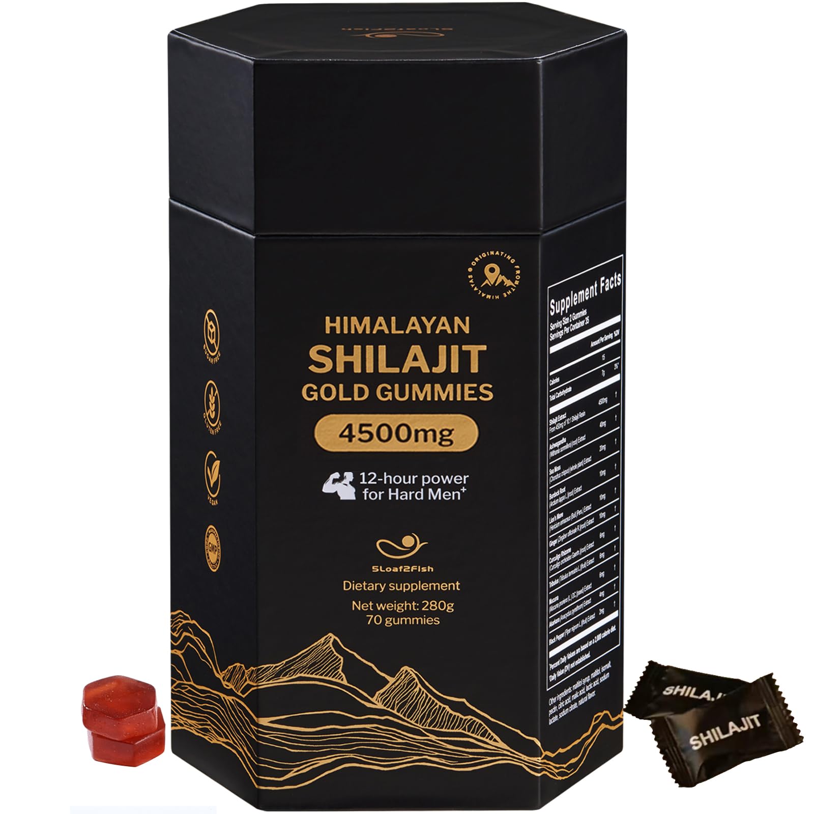 Gommes Shilajit Himalaya de 5Loaf2Fish en boîte, pratique pour l'énergie quotidienne.