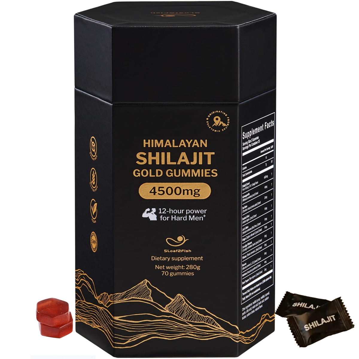 Gommes Shilajit Himalaya de 5Loaf2Fish en boîte, pratique pour l'énergie quotidienne.