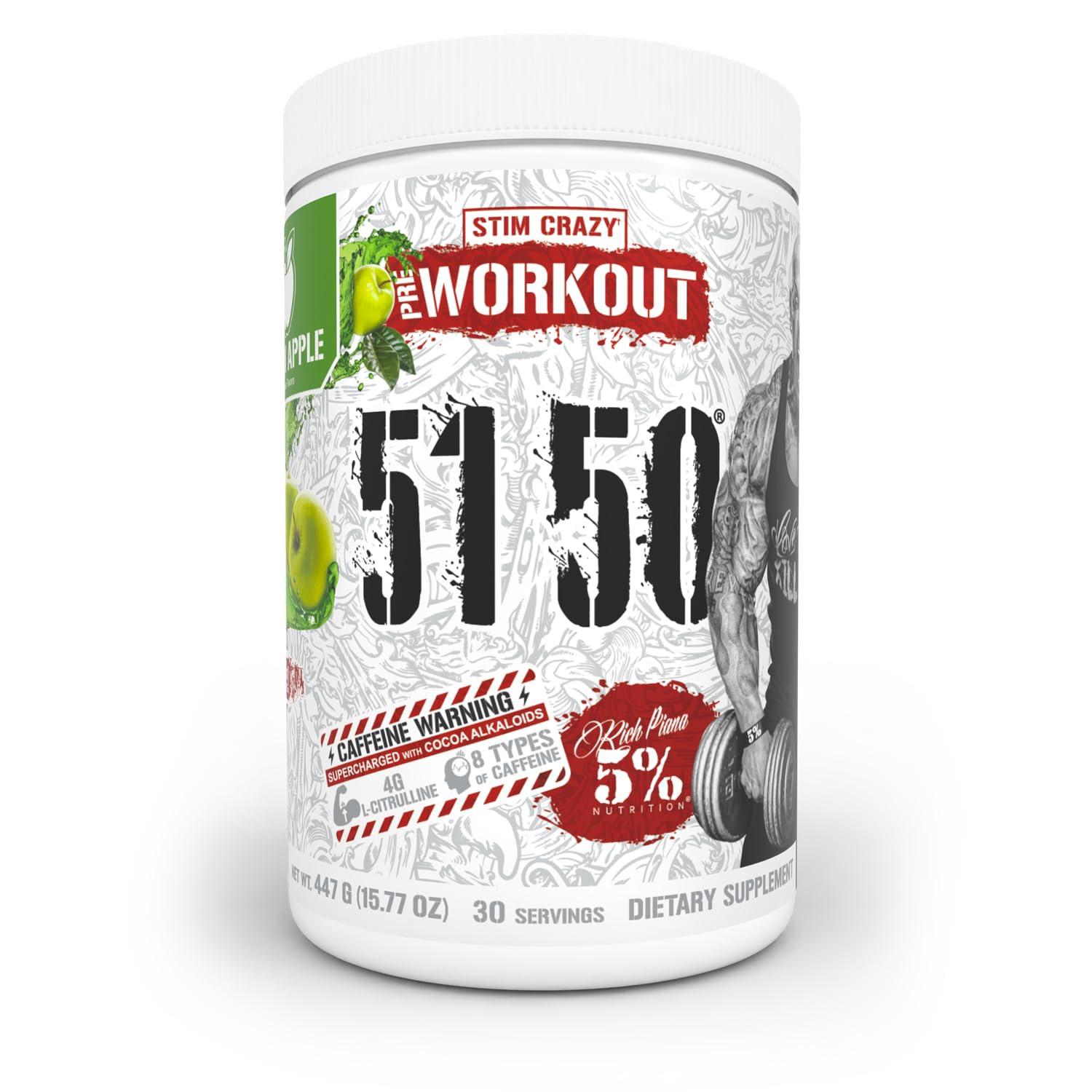Rich Piana 5150, bouteille pomme-verte, énergie prête pour l'entraînement.