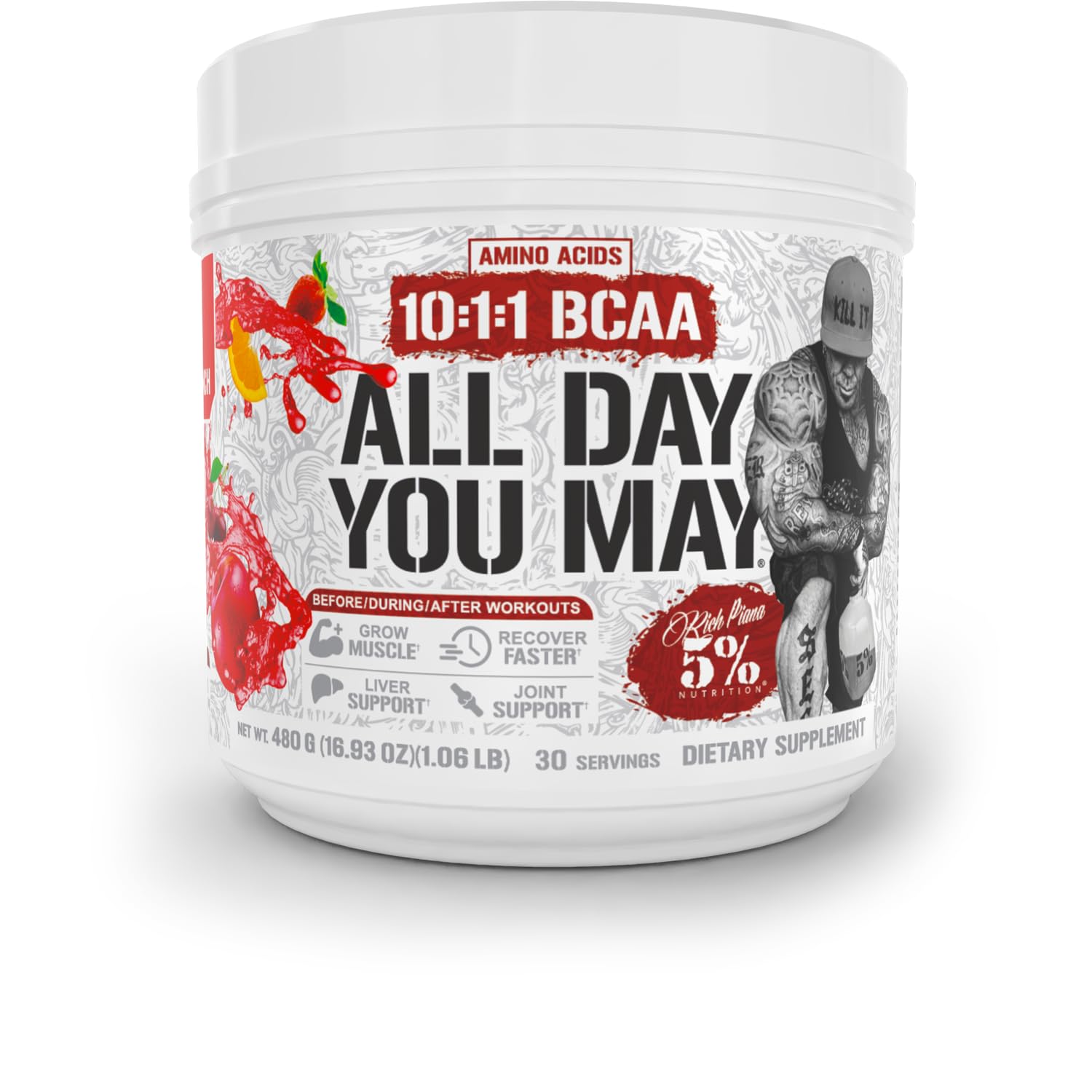 5% Nutrition Rich Piana AllDayYouMay BCAA flacon parfum fruit-punch pour hydratation