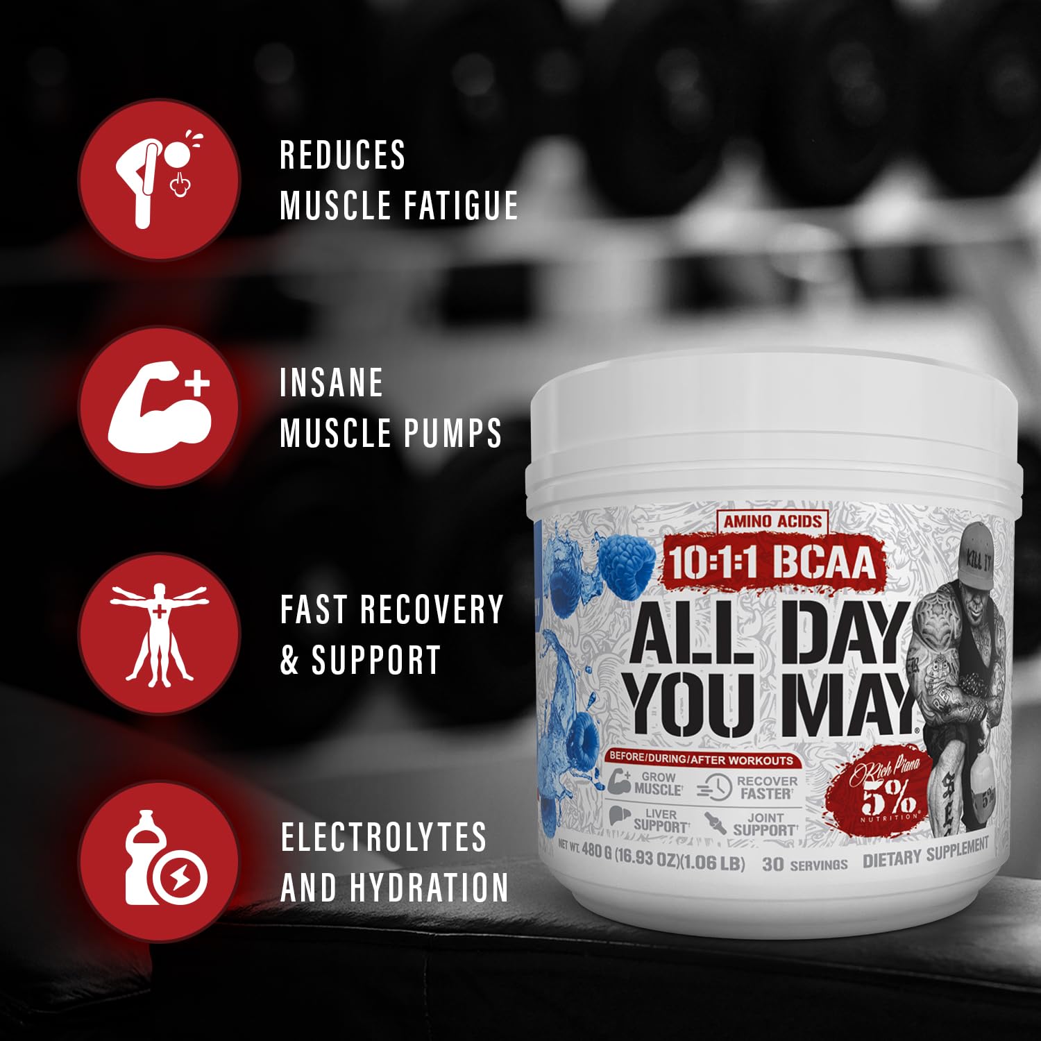 5% Nutrition Rich Piana AllDayYouMay BCAA gobelet-fruit-punch hydratation pendant l'effort