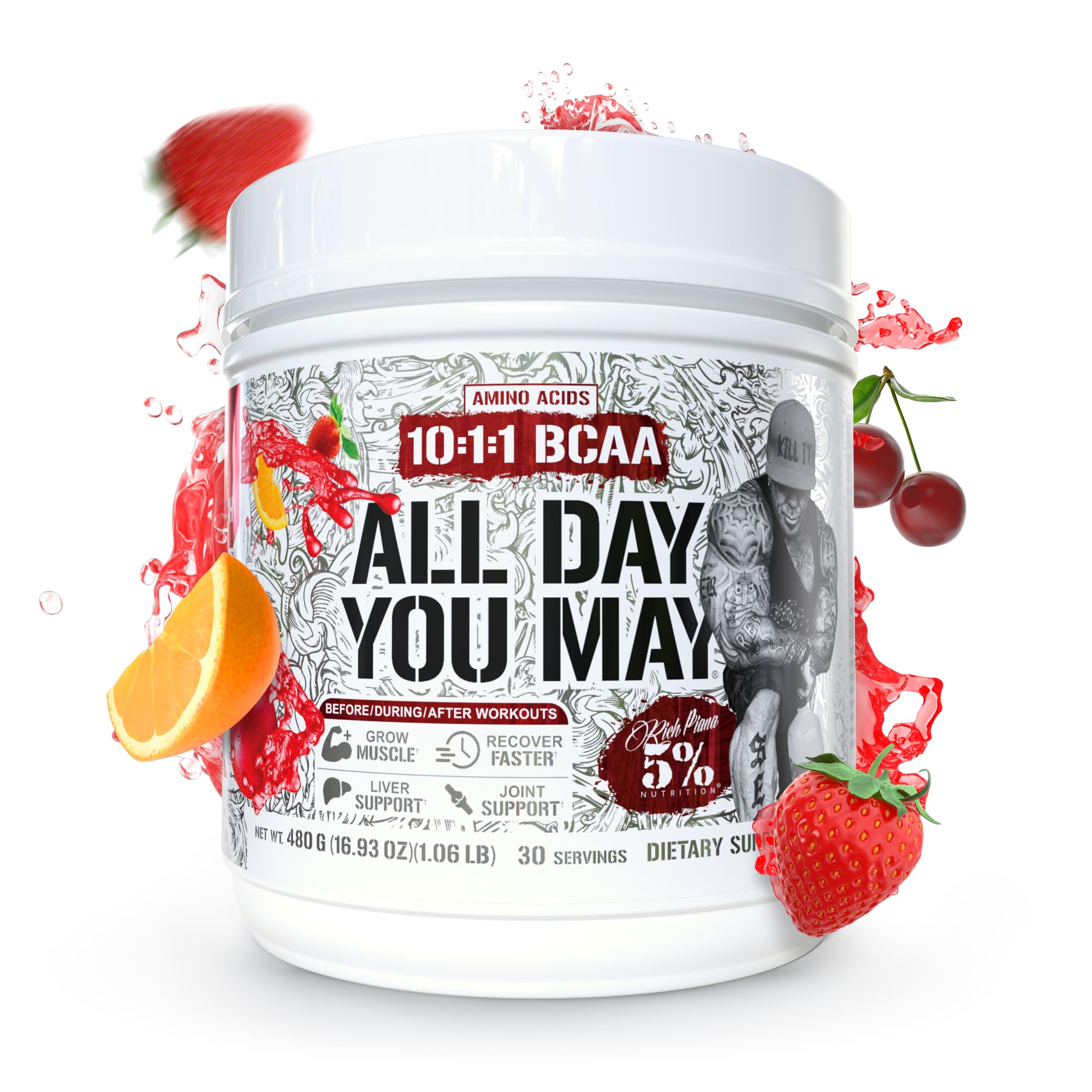 5% Nutrition Rich Piana AllDayYouMay BCAA flacon-fruit-punch soutien articulations et foie