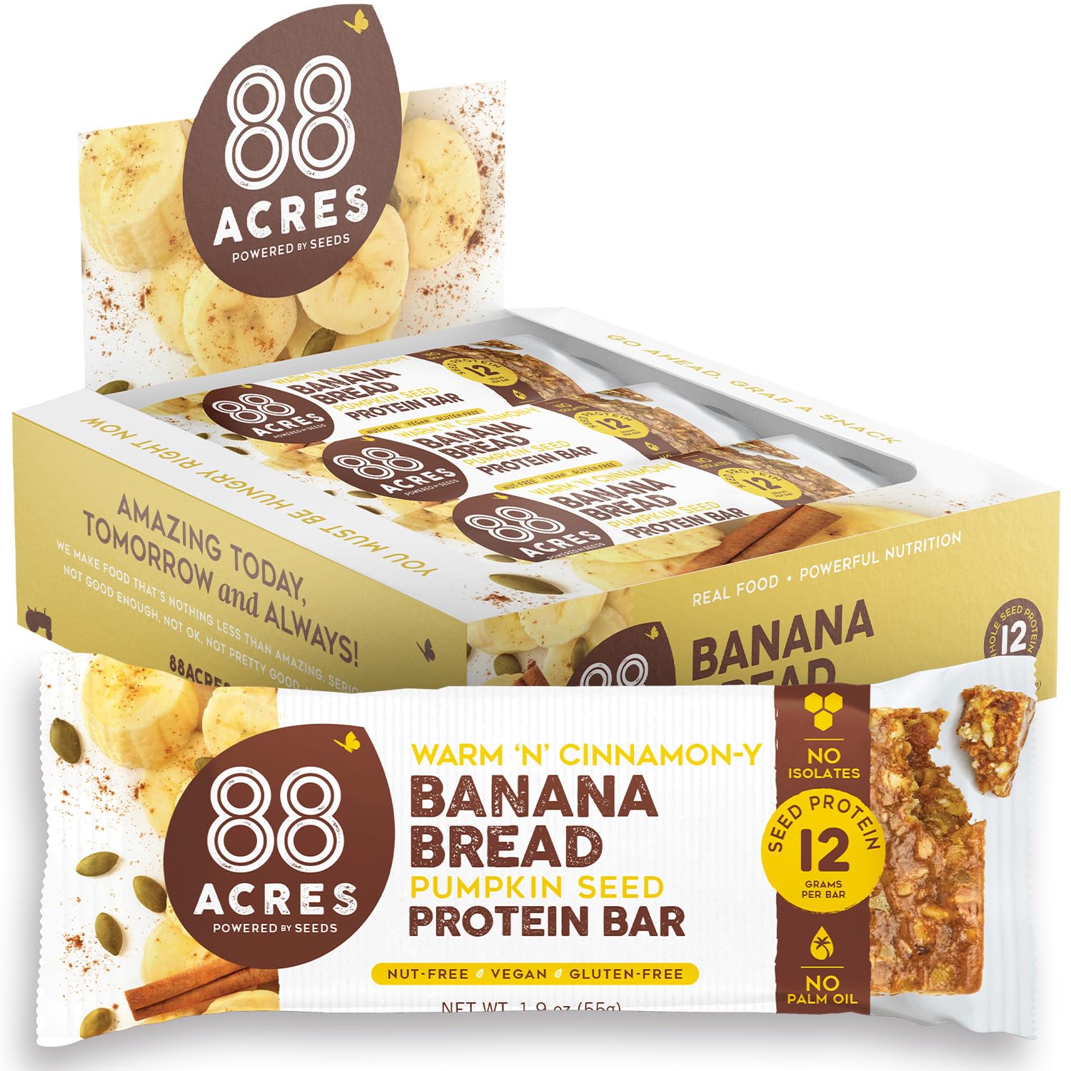 Barre protéinée 88 Acres, goût banane-pain, parfaite comme collation pré ou post-entraînement.