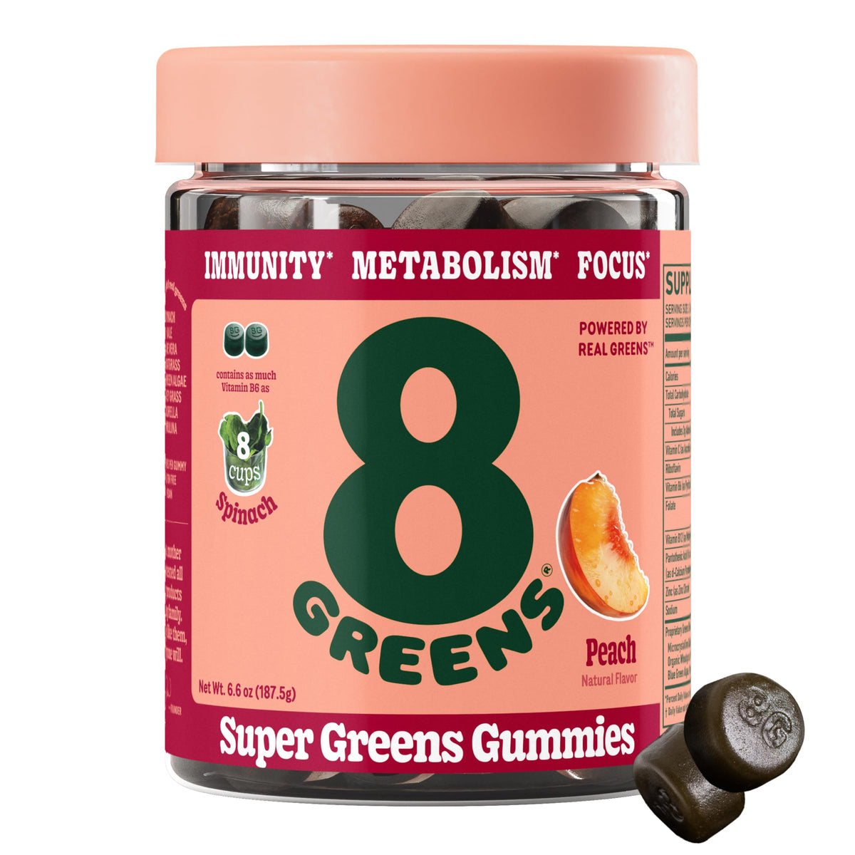 8Greens Gomme Pêche – boîte prête à l'emploi, collation pratique.