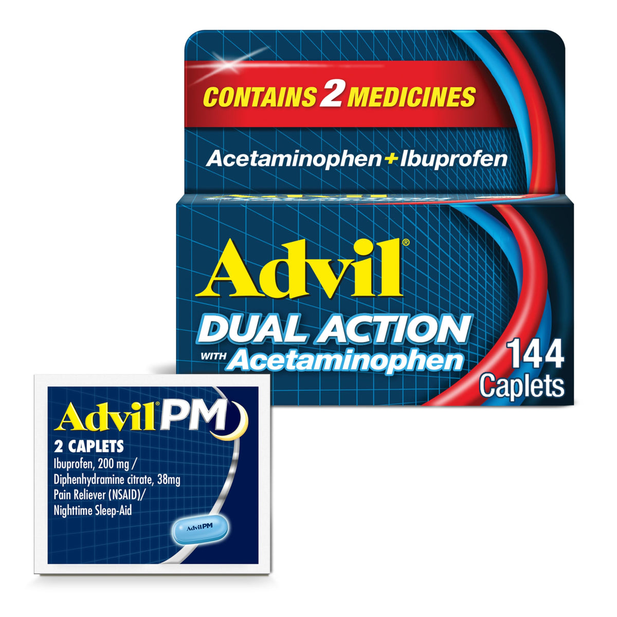 Advil Dual Action caplets en bouteille 144: soulagement ciblé.