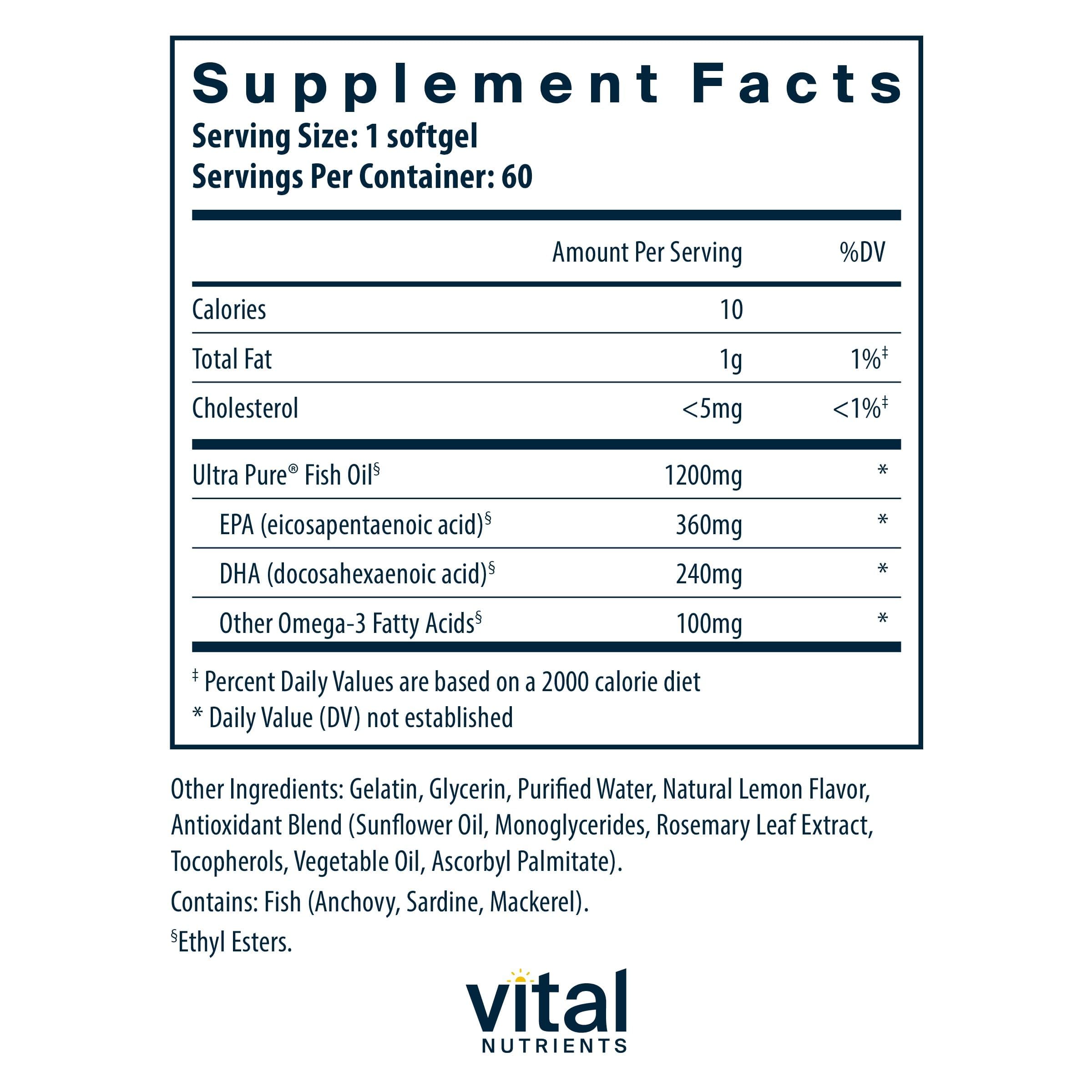 Vital Nutrients Ultra Pure Poisson 700, gélules pratiques pour un apport élevé en EPA et DHA.