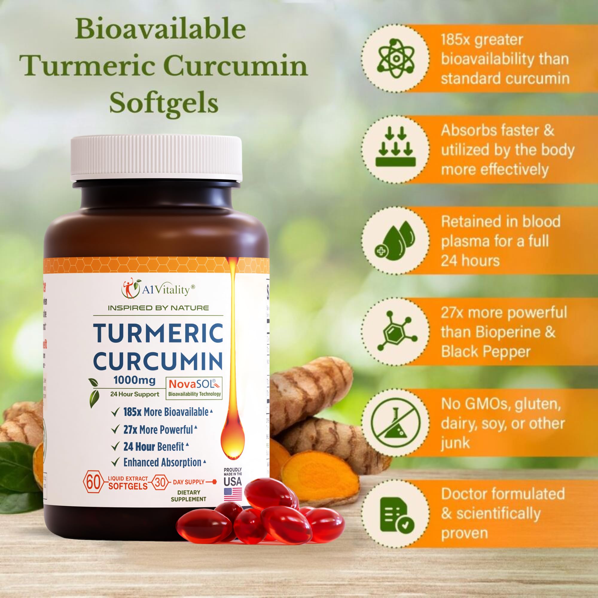 A1Vitality NovaSOL Curcuma gros-plan sur les gélules, facilité d'utilisation.