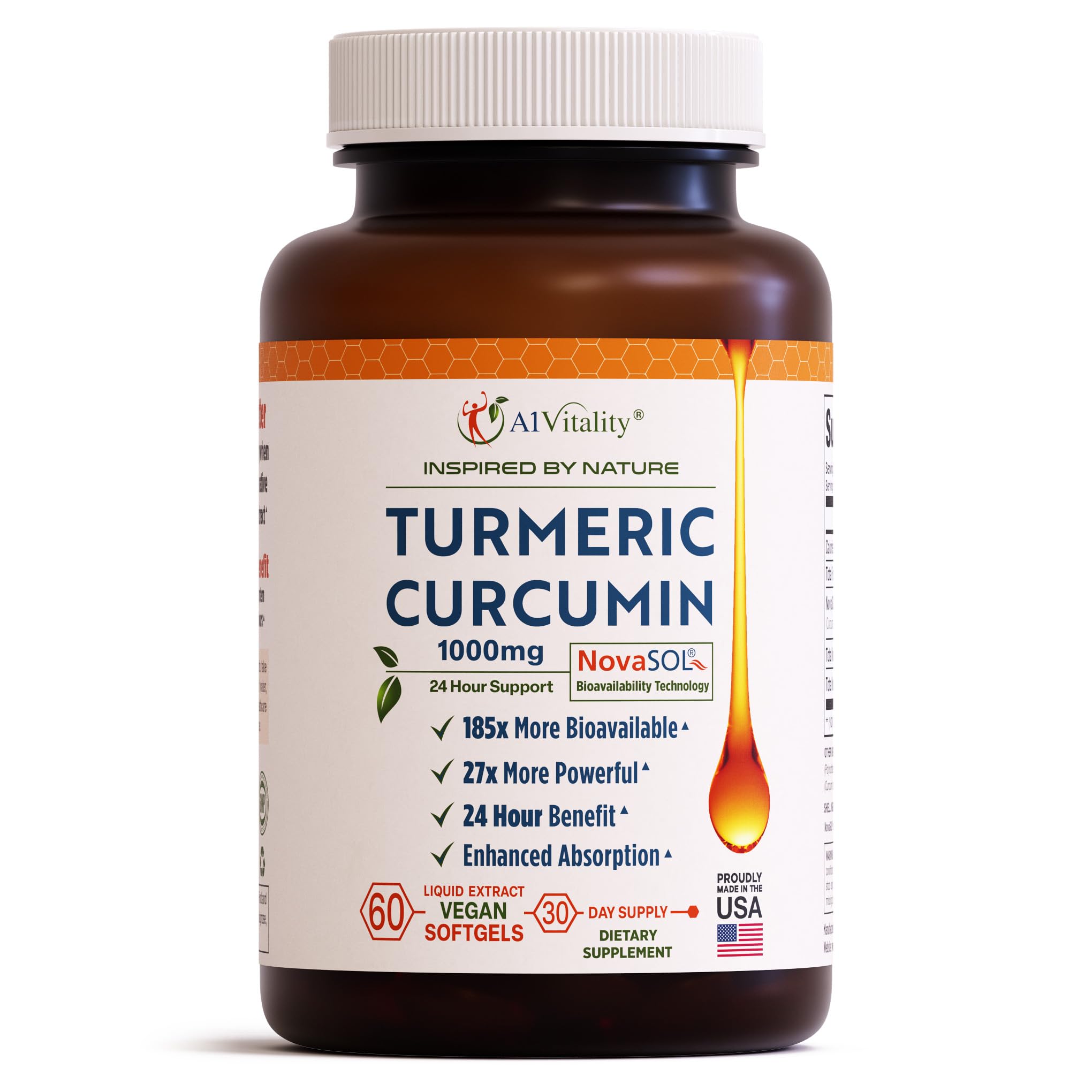 A1Vitality Turmeric Curcumin NovaSOL, gelules vegan, pour une absorption accrue au quotidien.