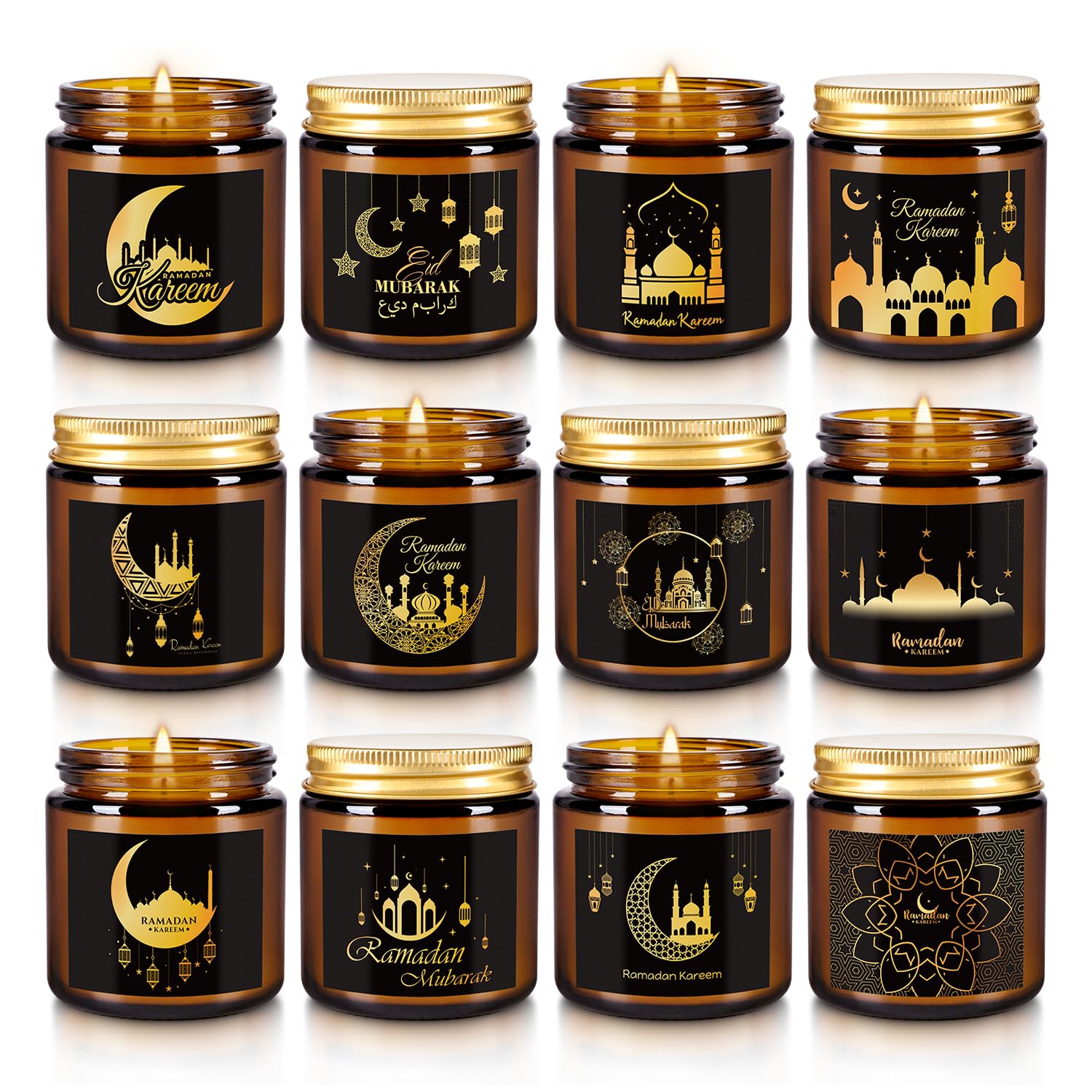 Bougie Aamdkcyu Ramadan Mubarak, verre brun avec lanterne et étoiles pour ambiance spirituelle.