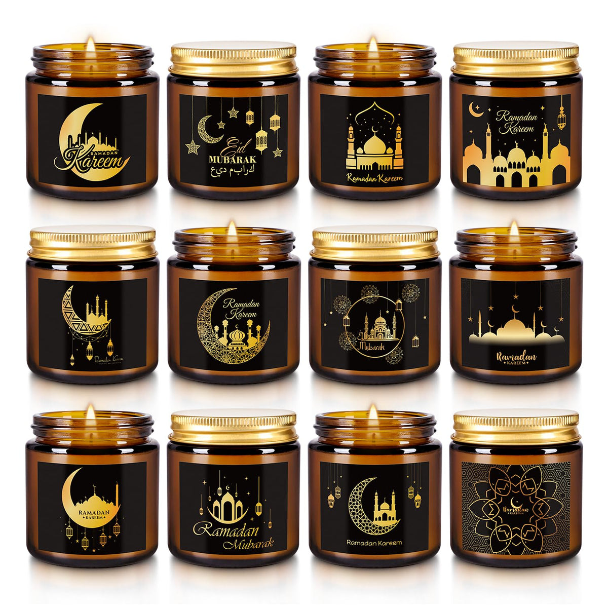 Bougie Aamdkcyu Ramadan Mubarak, verre brun avec lanterne et étoiles pour ambiance spirituelle.