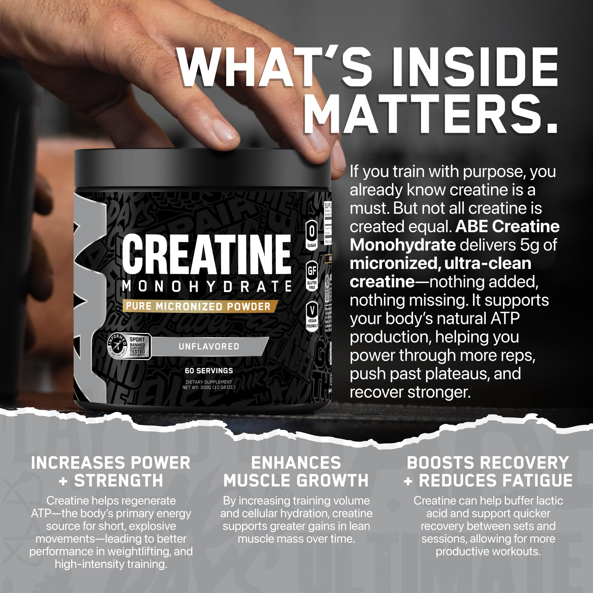 ABE All Black Everything Creatine Monohydrate – emballage et étiquette noires, simplicité et traçabilité