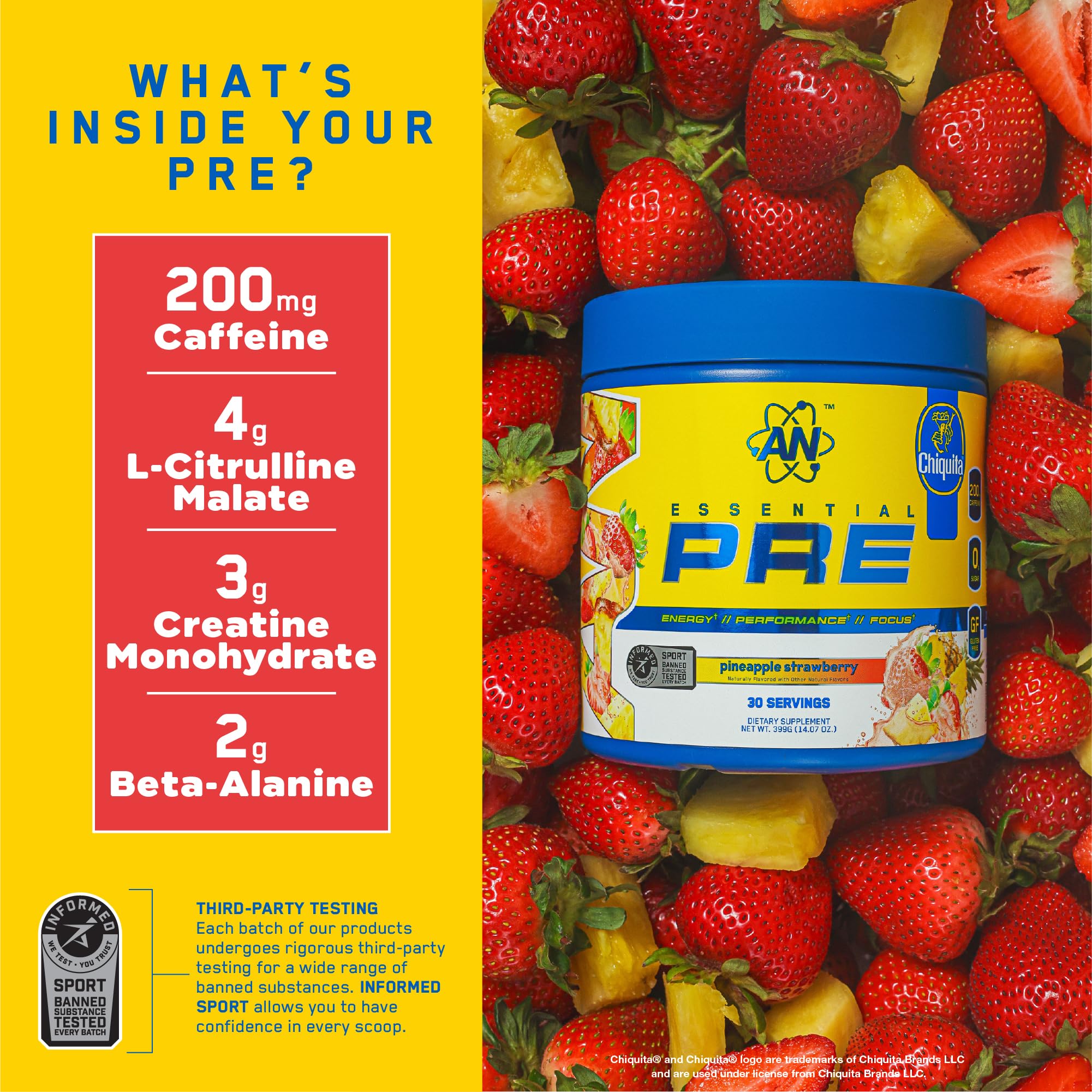 ABE All Black Everything Essentials Preworkout — mélange-fruit pomme-ananas-fraise pour énergie durable.