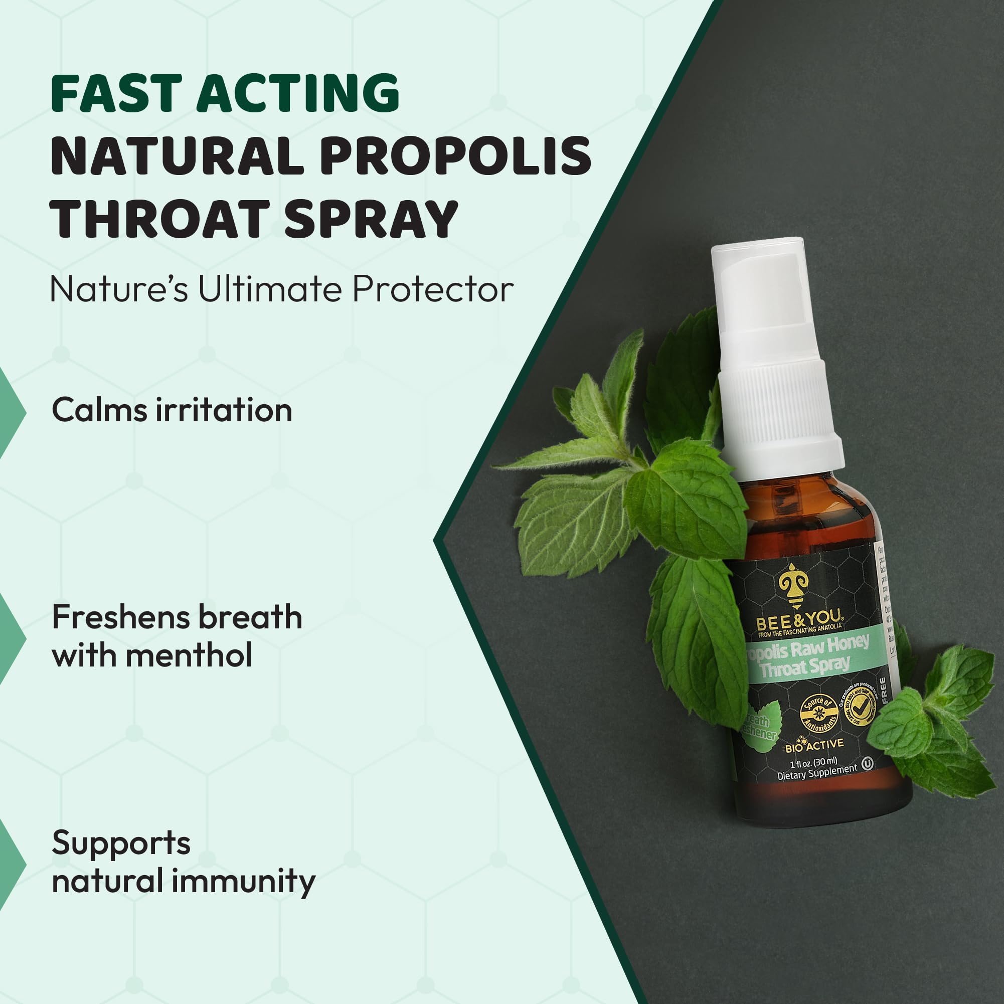 Abeille et Toi Propolis Spray, embout mentholé pour une fraîcheur rapide.