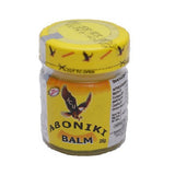 Aboniki Balm avec camphre et eucalyptus, action légère sur l’inflammation.