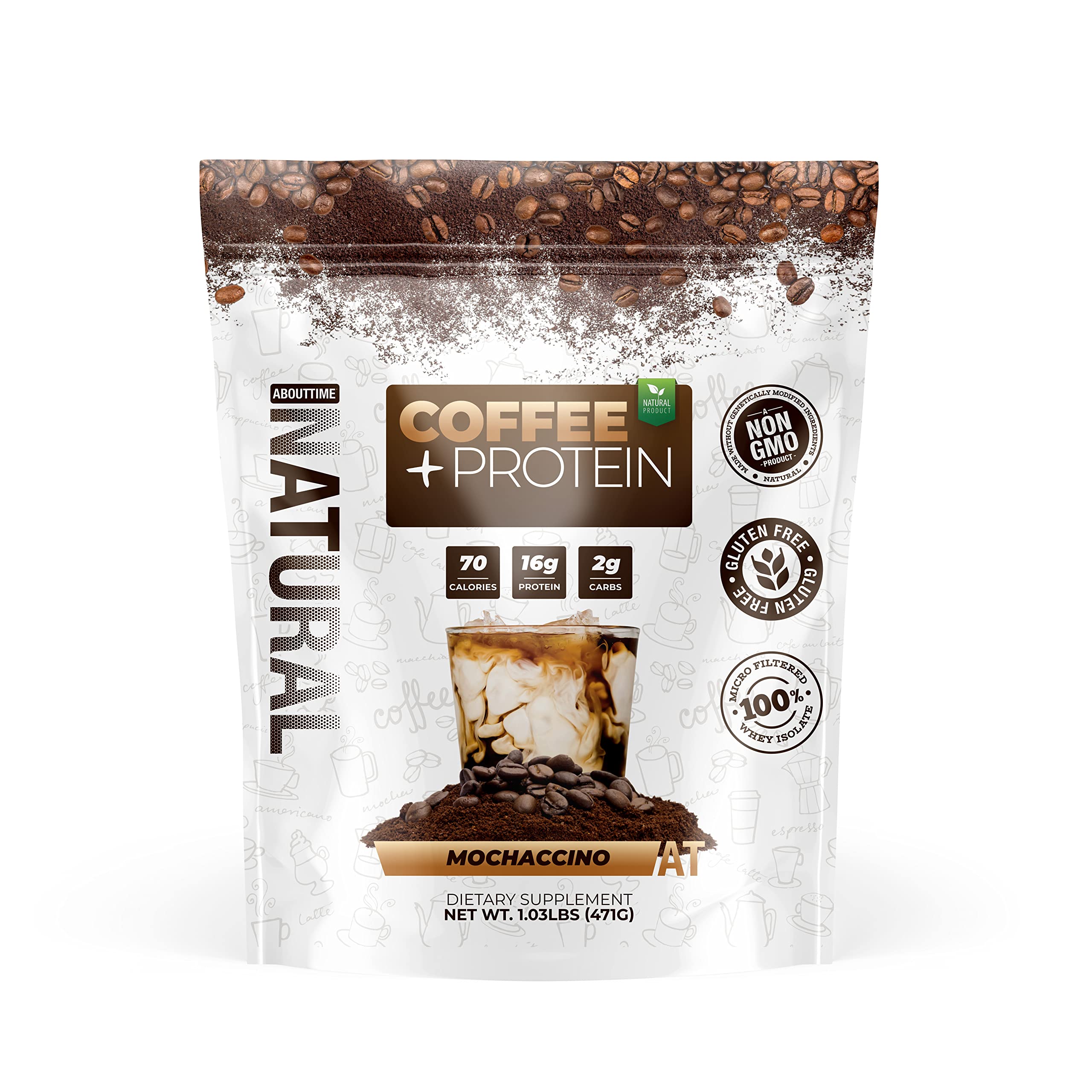 Emballage About Time Coffee + Whey Protein prêt à l’emploi, pratique pour un petit‑déjeuner protéiné.