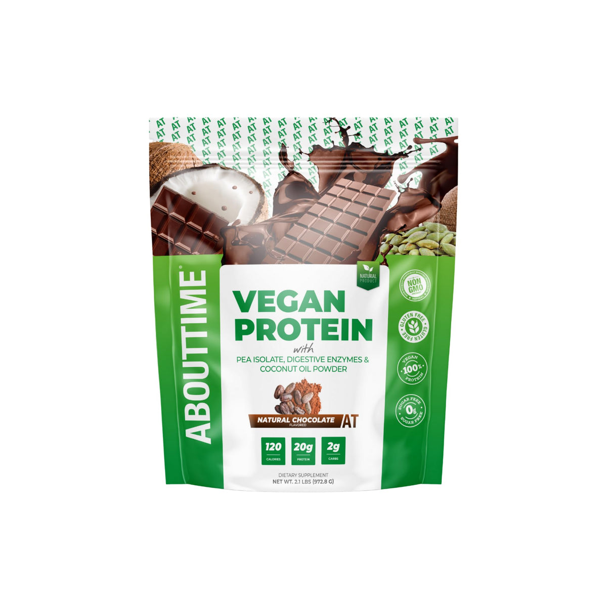 About Time Poudre Protéinée Vegan Chocolat — emballage pratique pour shakes quotidiens.