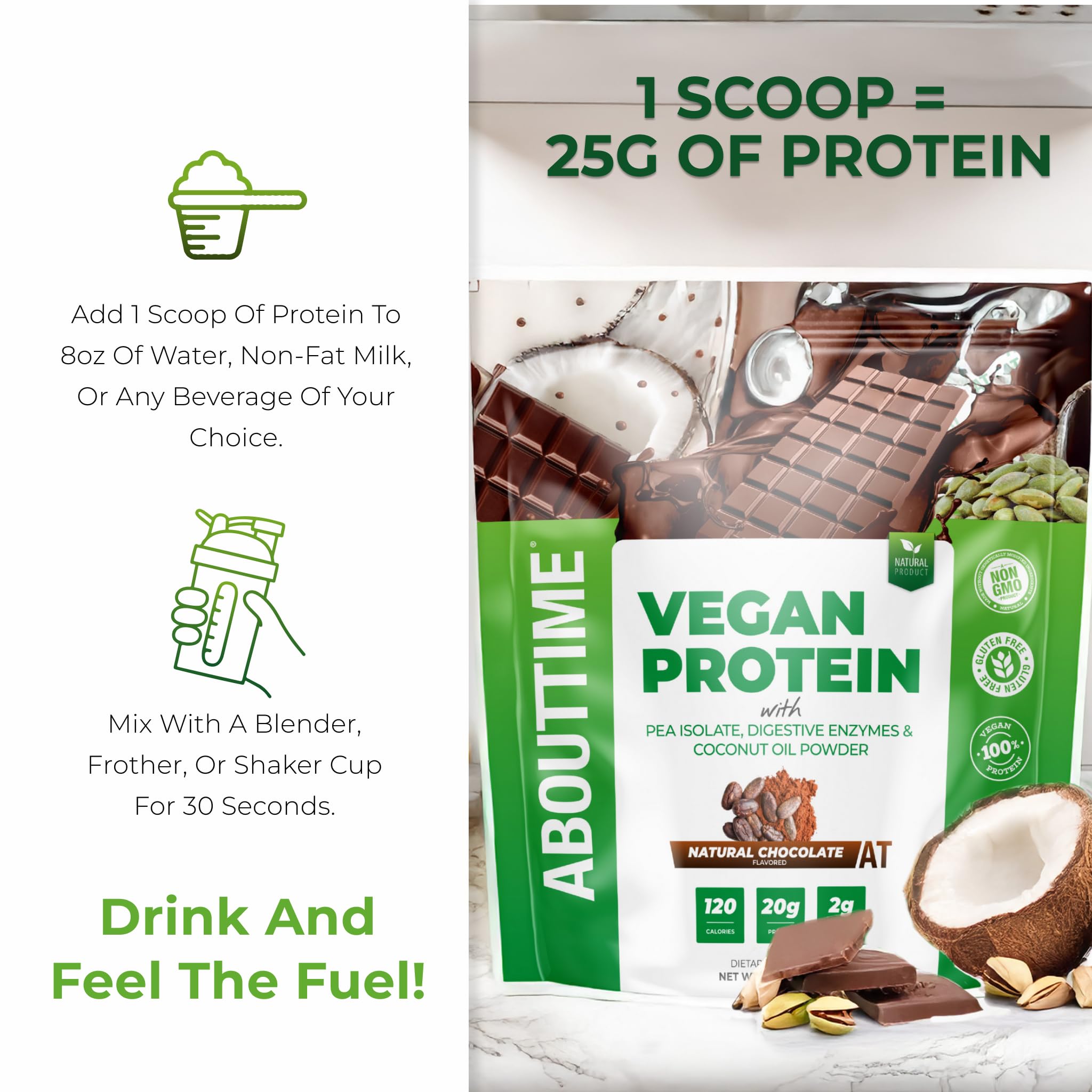 About Time Poudre Protéinée Vegan Chocolat — shake rapide pour petit-déjeuner végétal.
