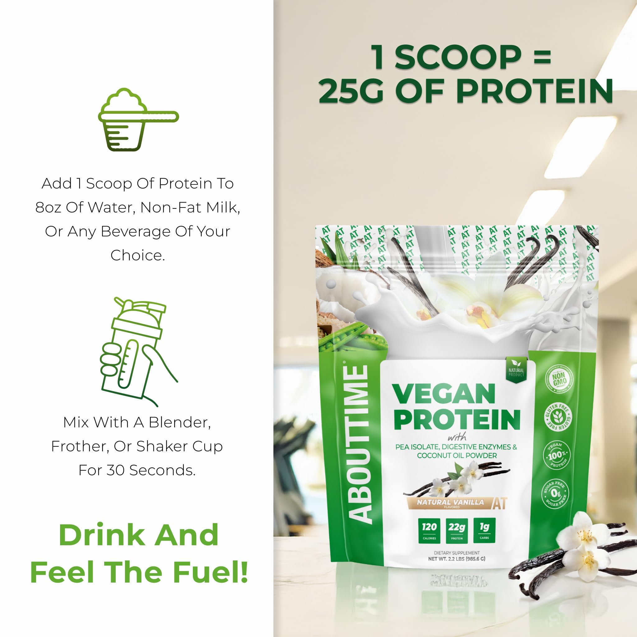 About Time Protéine Végane Vanilla – ingrédients minimaux pour une nutrition simple.
